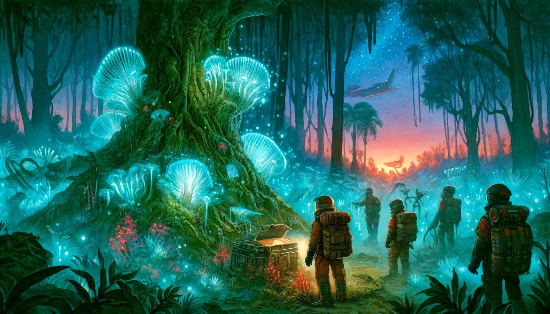 The scene features adventurers cautiously making their way through an alien jungle illuminated by bioluminescent flora. One character examines an ancient alien artifact partially buried in the ground. The background includes towering trees and a vibrant, otherworldly sky.