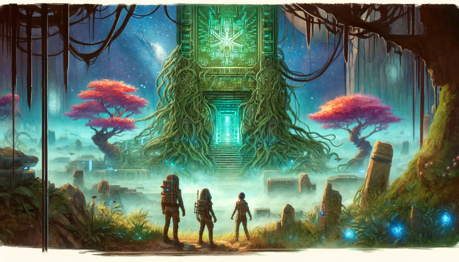 The scene depicts adventurers standing at the entrance of an ancient alien temple, partially covered in vines and bioluminescent plants. Intricate alien runes glow softly, and a large robotic sentinel guards the entrance. The background features a dense, otherworldly jungle with towering trees and a sky filled with strange, colorful celestial bodies.