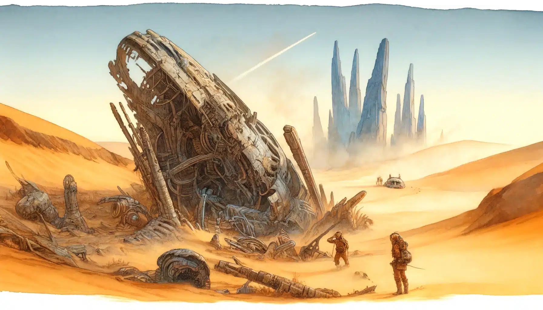 Adventurers encountering a buried starship in the alien desert. The scene depicts the partially exposed remains of a futuristic starship, with twisted metal and advanced technology half-buried in the sand. The adventurers are seen examining the wreckage, with one character climbing onto the ship's hull. The background features towering, crystalline structures and an eerie, distant sandstorm approaching, adding a sense of urgency and danger to the scene.