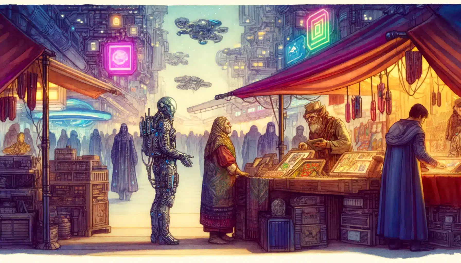 In this vibrant watercolor scene, two spacefarers stand in a bustling galactic outpost marketplace. One character, a humanoid with visible cybernetic enhancements, is deeply engaged in negotiation with an alien merchant showcasing exotic goods. The background is alive with neon signs and various stalls, hinting at the diverse and futuristic nature of the outpost. This moment captures the blend of cultures and technologies that make galactic outposts such fascinating places.