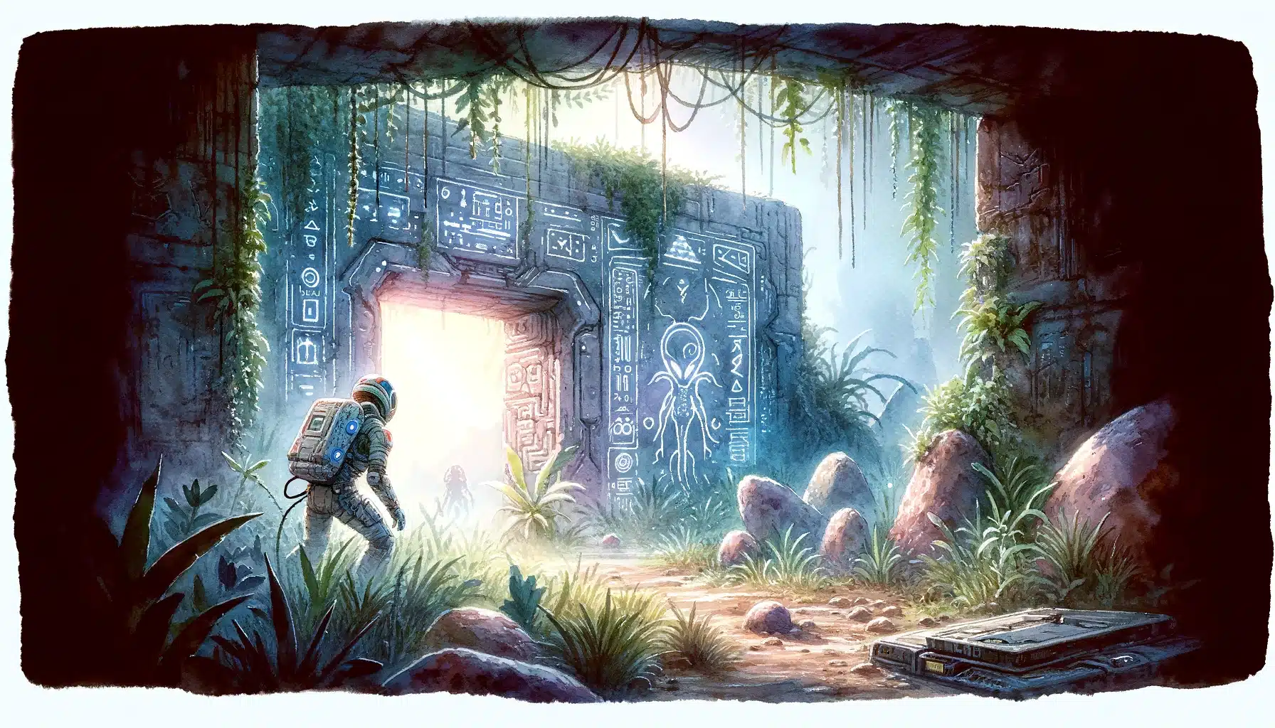  This serene watercolor illustration depicts a lone spacefarer cautiously entering an ancient alien ruin on a distant planet. The entrance is overgrown with strange flora, and faintly glowing alien glyphs and symbols adorn the walls. Remnants of advanced technology are partially buried in the ground, adding to the mystery and allure of the ruins. This scene evokes a sense of exploration and discovery, as the spacefarer uncovers the secrets of a long-lost civilization.