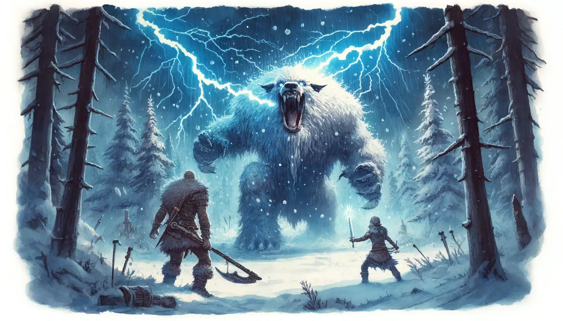 In this dramatic scene, two Viking adventurers face a massive, lightning-charged beast deep within the forest. Dark storm clouds loom overhead, and bolts of lightning illuminate the trees. One adventurer wields a sword, while the other casts a spell, both ready for battle. The fearsome beast roars, adding to the epic and chaotic atmosphere.