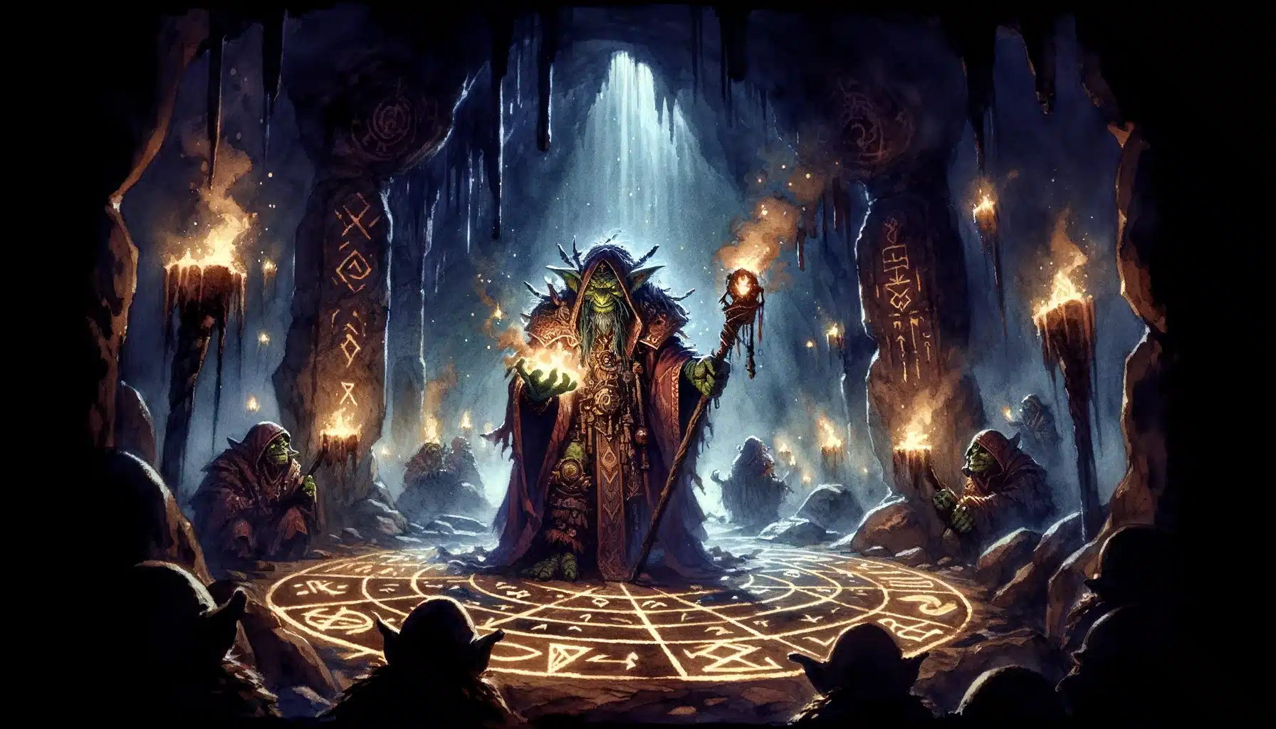 A wide watercolor illustration depicting a goblin shaman performing a dark ritual in a dimly lit cavern. The shaman is surrounded by glowing runes and mystical symbols carved into the ground. Flickering torches cast shadows on the cave walls, adding to the ominous ambiance. The shaman, adorned in ritualistic garb and wielding a staff, is chanting an incantation while other goblins watch in awe.