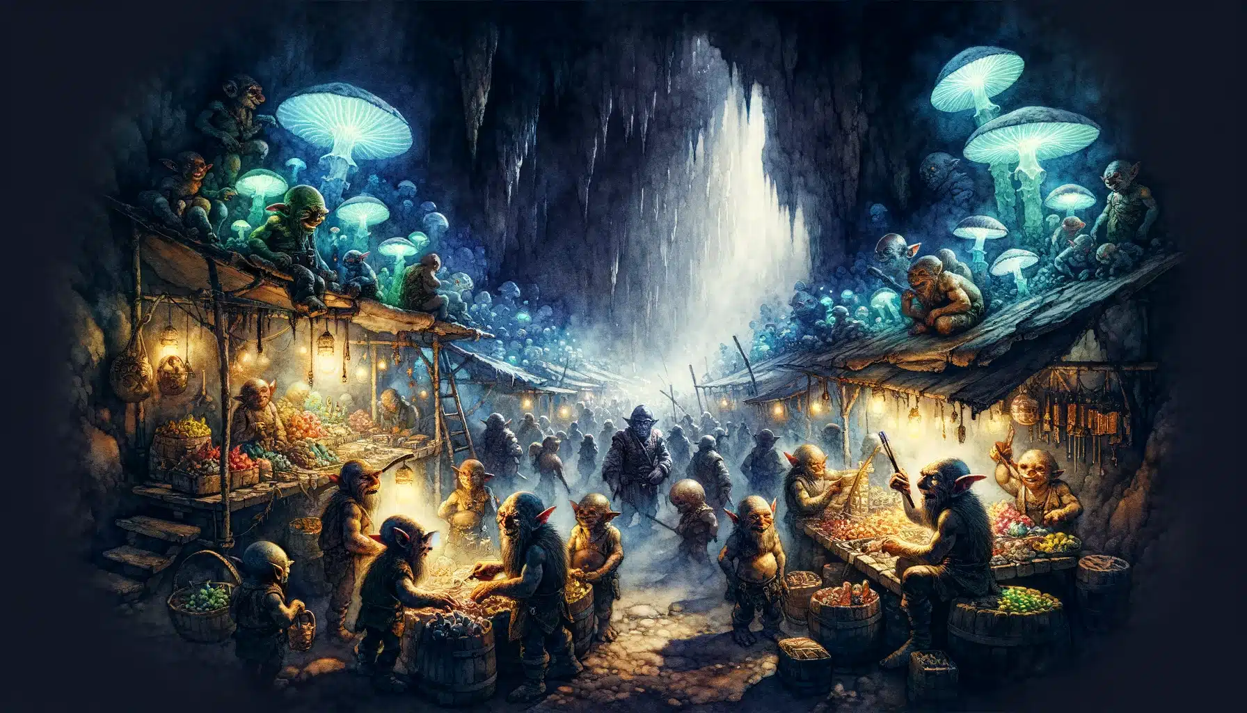 A wide watercolor illustration of a bustling goblin market within a cavern. Goblins of various sizes and appearances are trading stolen goods and exotic items. The market is lively with stalls made from crude materials, and the atmosphere is chaotic yet vibrant. Neon mushrooms provide eerie illumination, casting a glow on the goblins' animated faces as they haggle and trade.