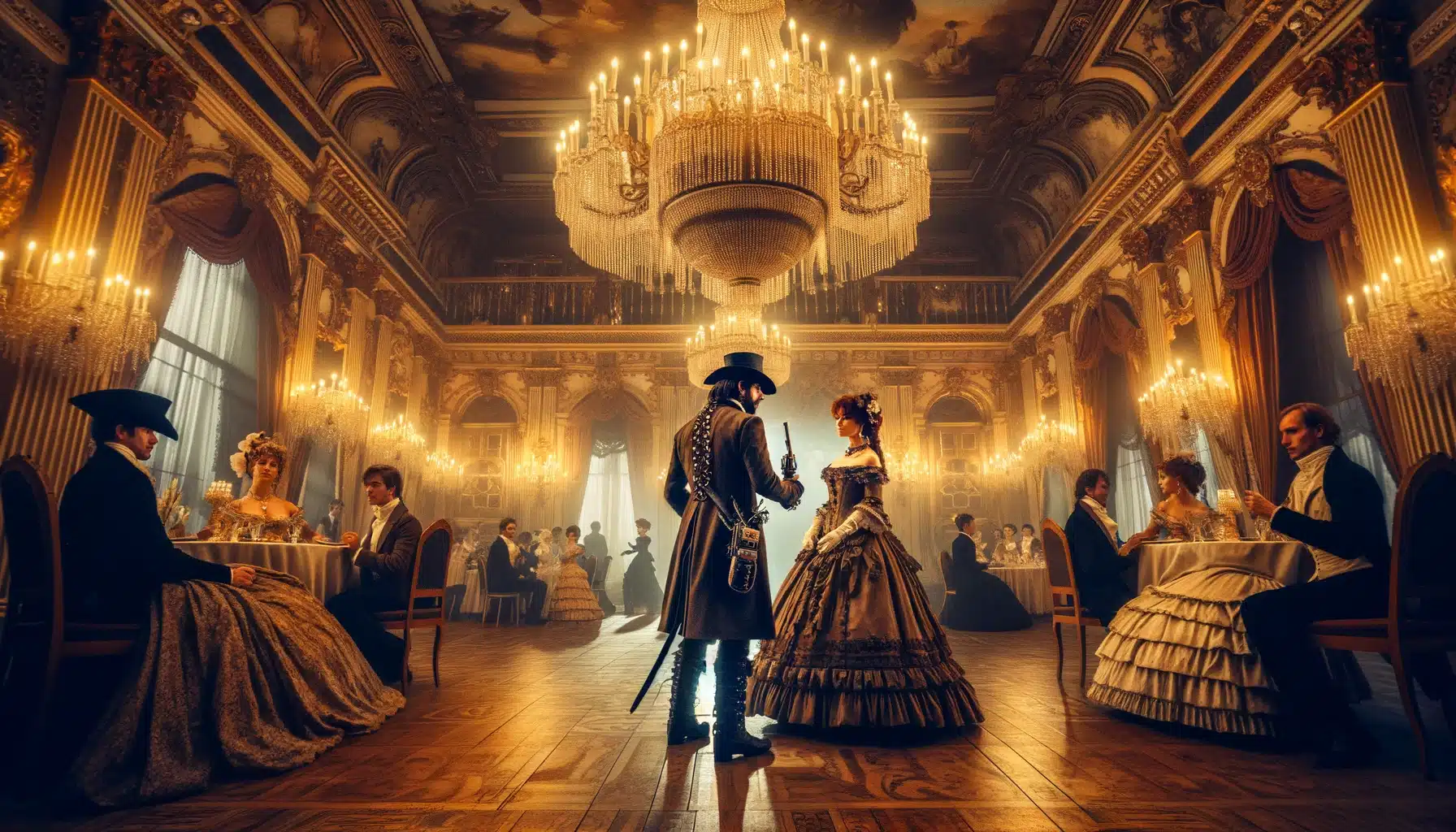 Adventurer interacting with an aristocrat at a Victorian ball, with chandeliers and elaborate dresses in the background.