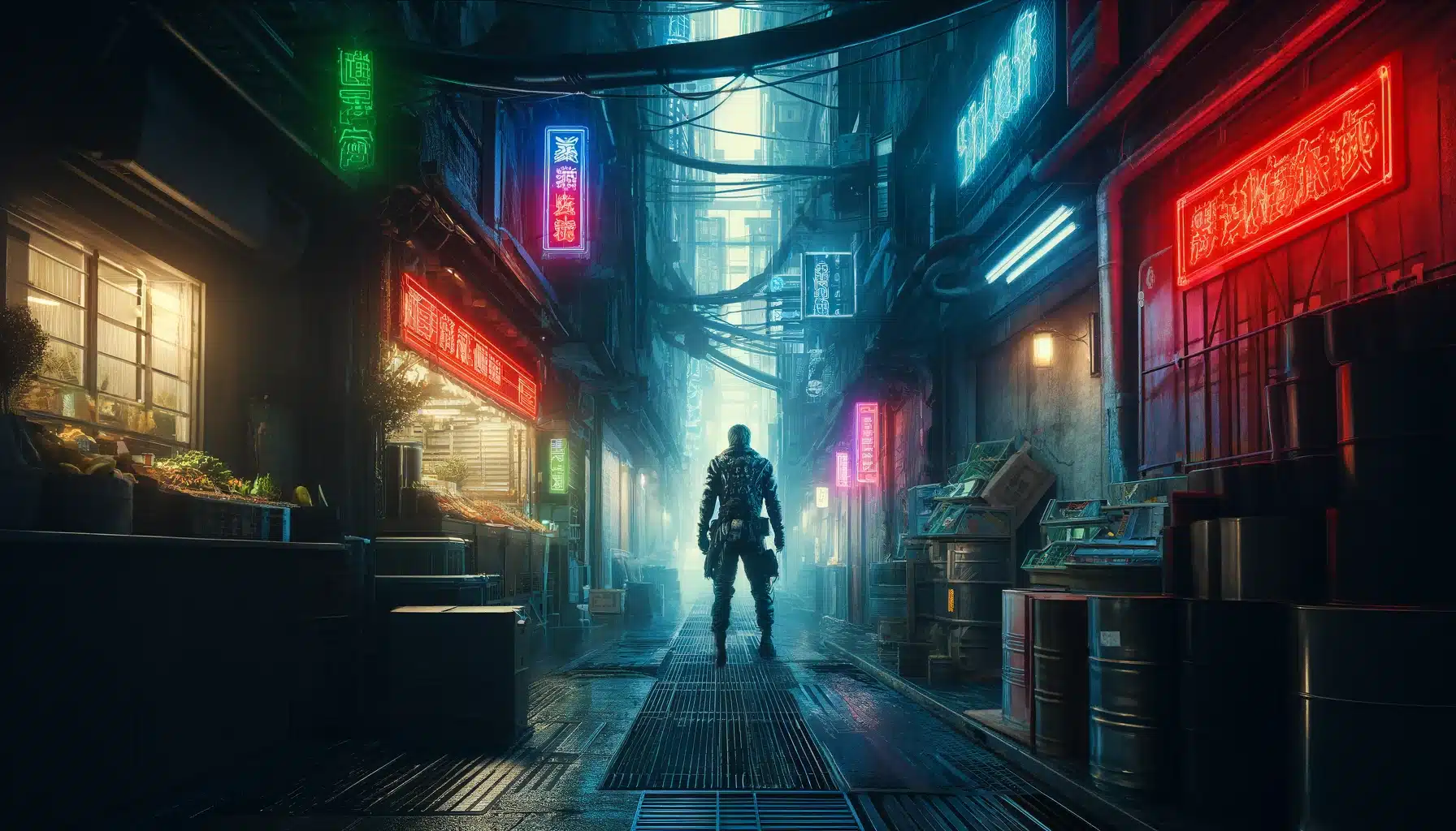 Adventurer exploring a cyberpunk night market with neon signs and futuristic stalls.