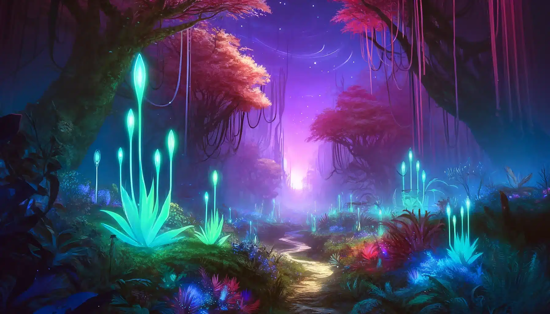 A vibrant and lush alien jungle under a purple sky with towering bioluminescent plants and a narrow, winding path inviting adventurers.