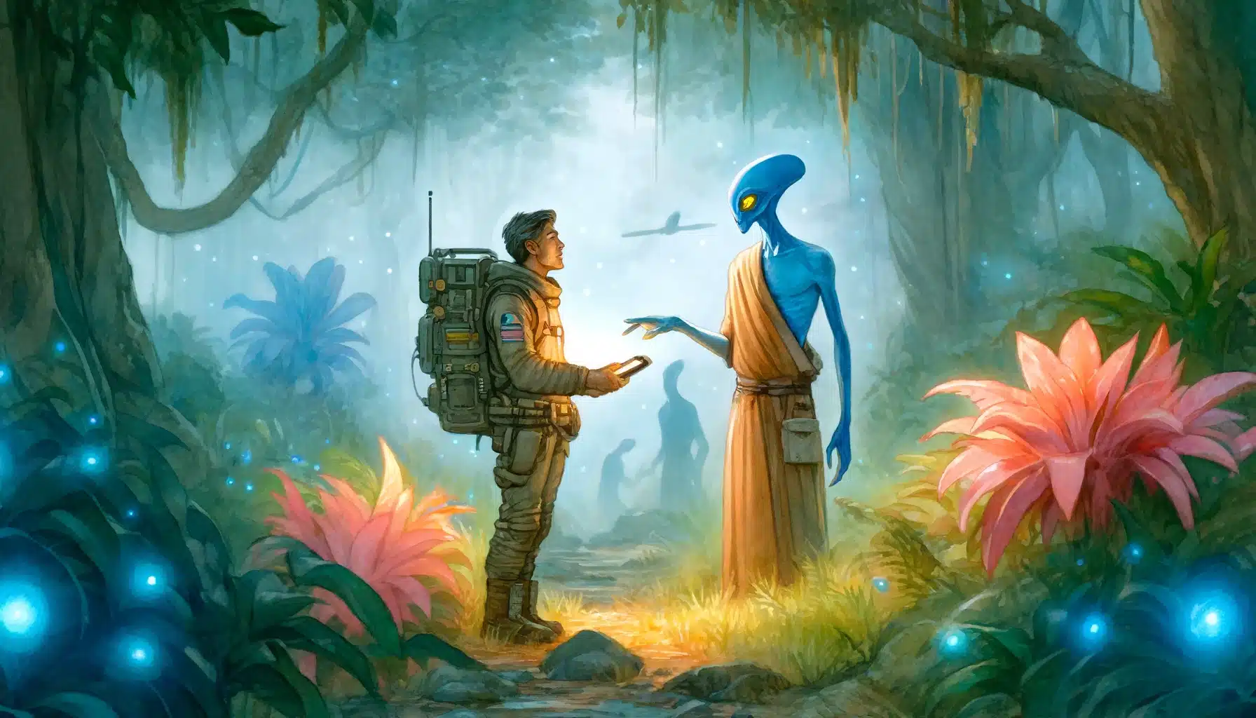 A secluded glade within an alien jungle, featuring a mysterious alien anthropologist interacting with an explorer amidst colorful alien plants.