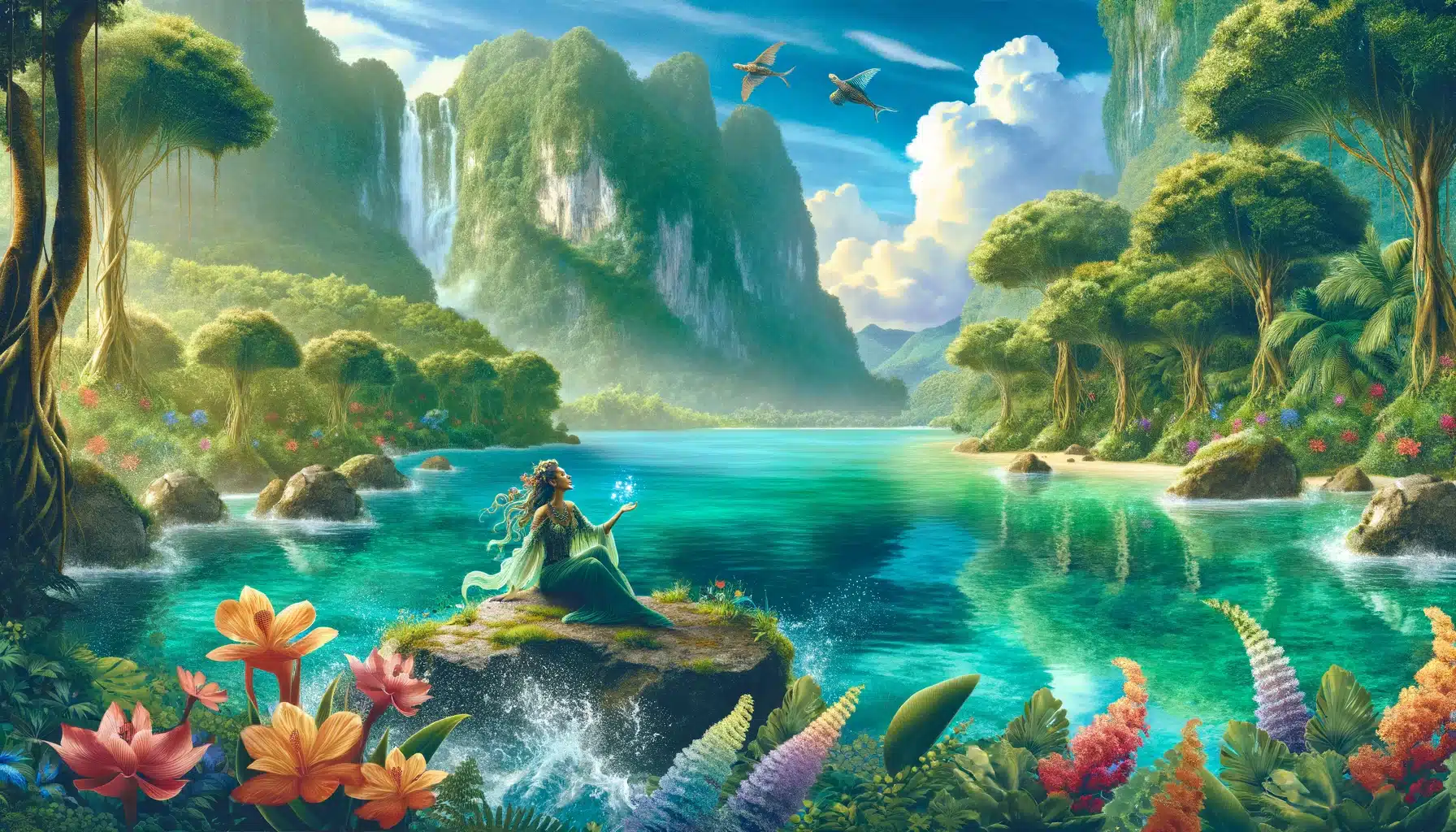 An enchanting siren singing from a rock in a turquoise lagoon, surrounded by lush tropical flora.