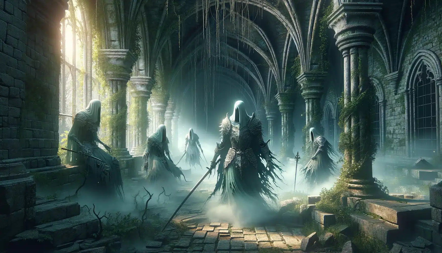 Spectral guards in ghostly armor patrolling the dimly lit corridors of an overgrown, ruined fortress.