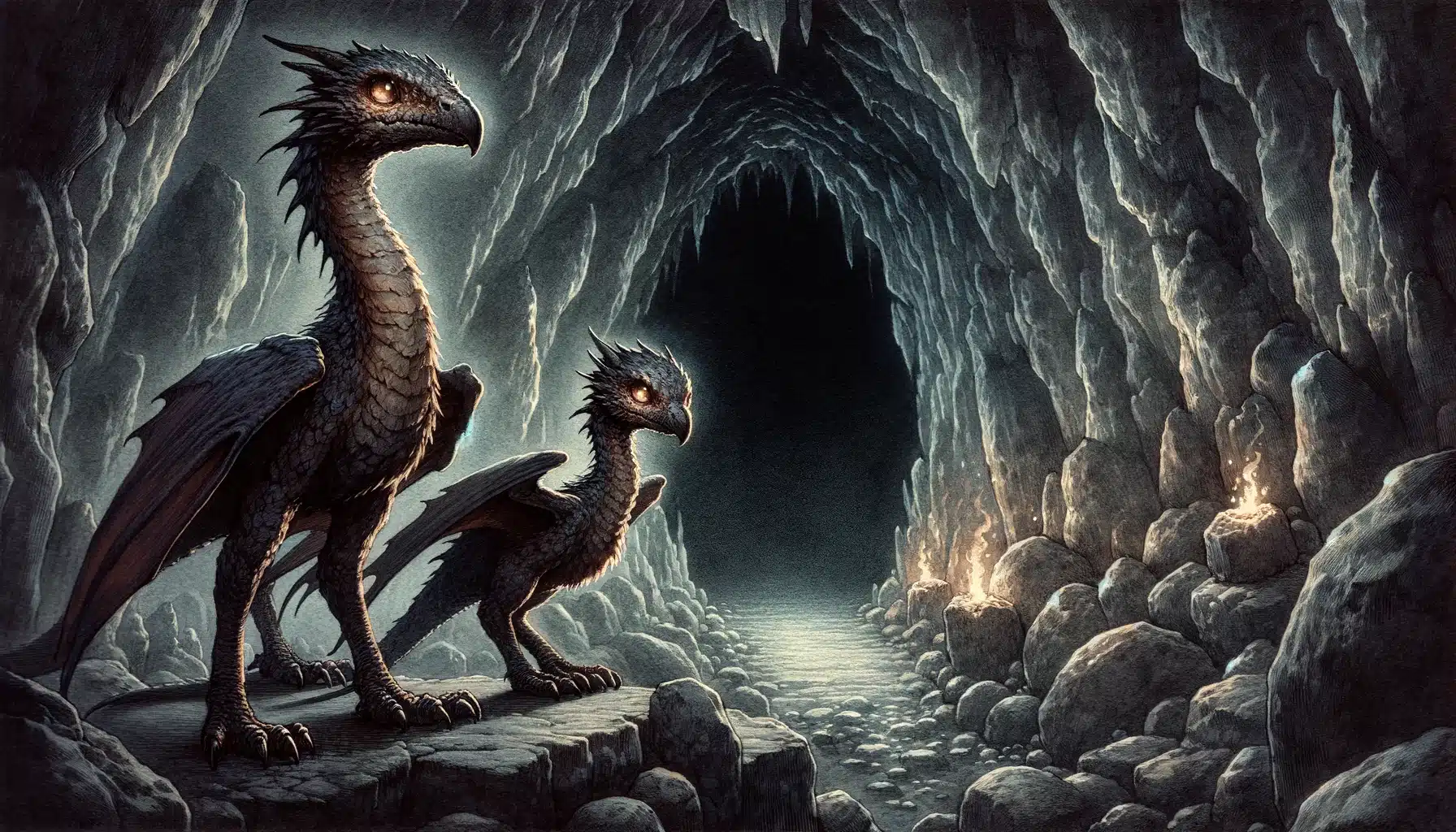 Two young drakes guard the entrance of the Dragon's Lair, with a dark, foreboding cave in the background.