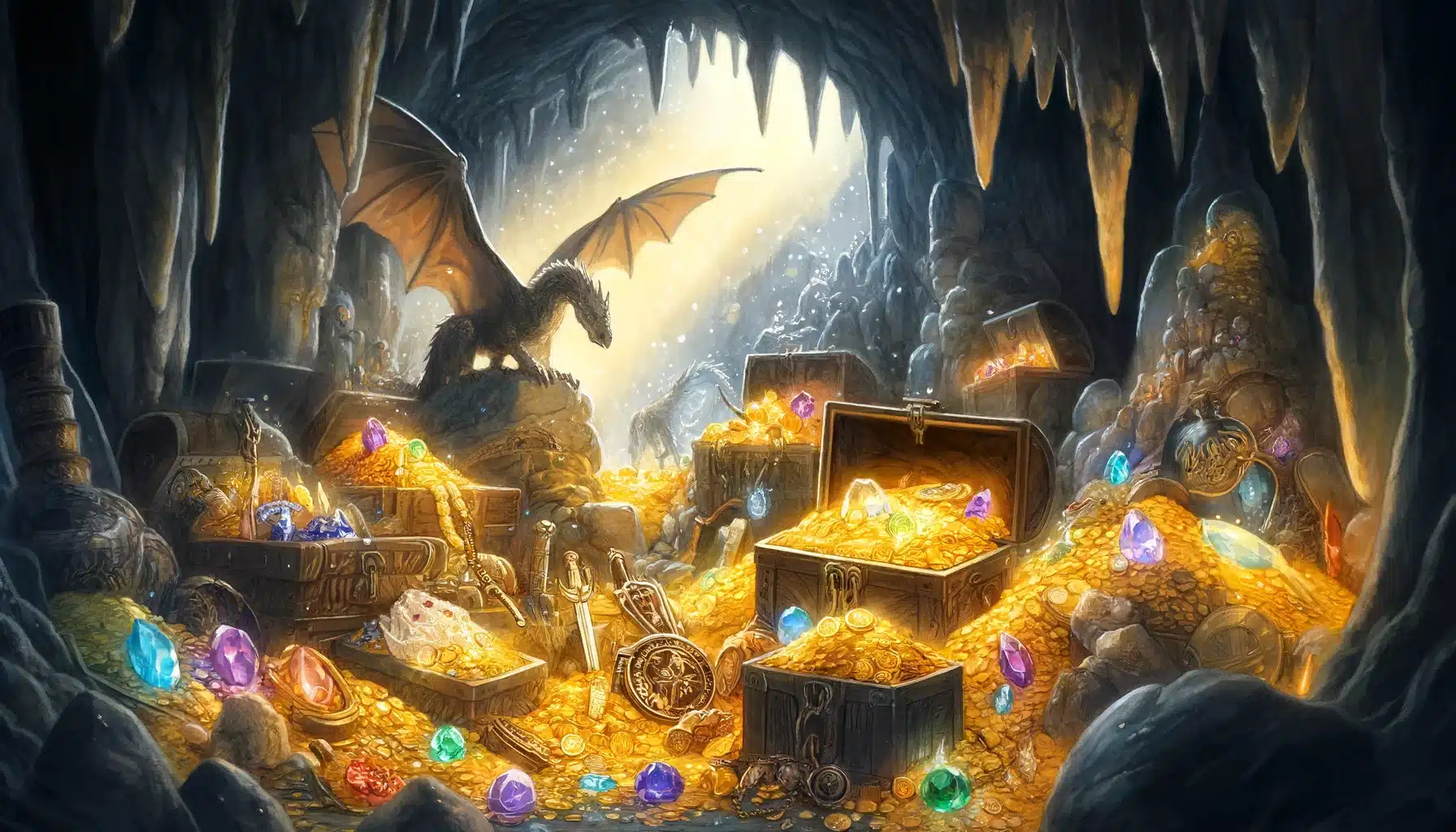 A treasure trove filled with gold, gems, and magical items within the Dragon's Lair, guarded by lesser drakes.