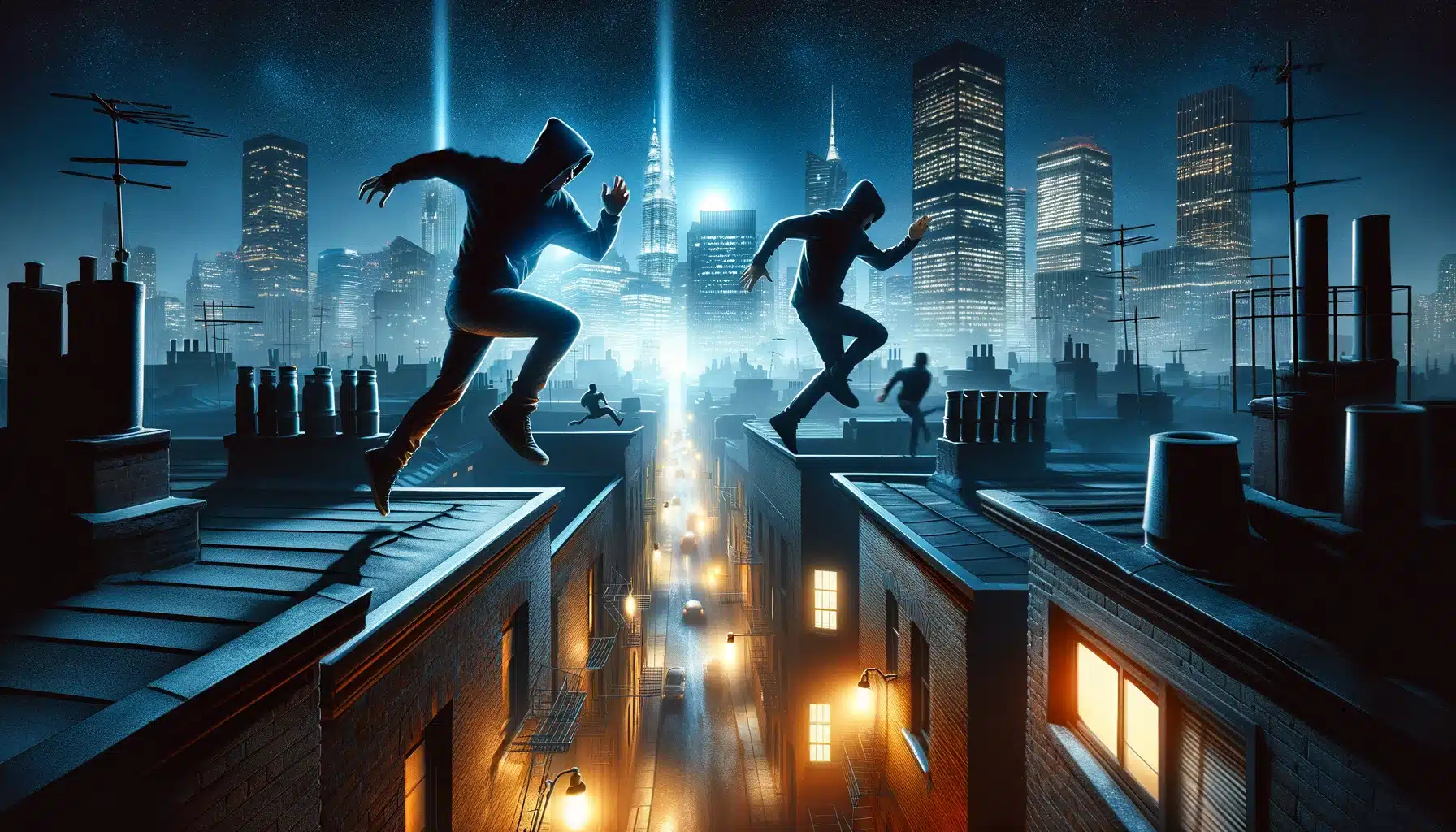  High above the city streets, a rooftop chase unfolds, testing agility and courage.