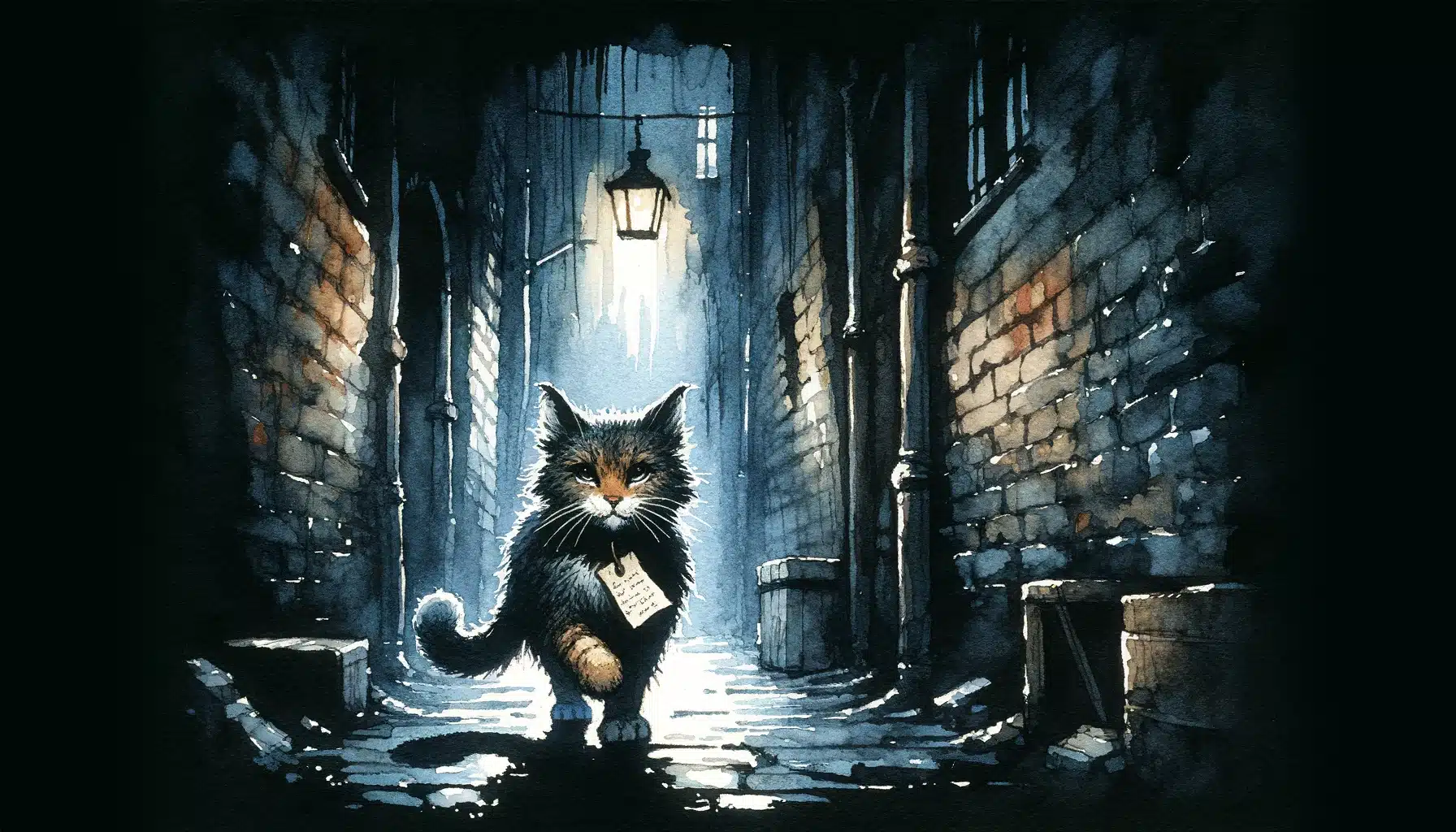 A scruffy stray cat with a note tied to its collar approaches in a dark alley.