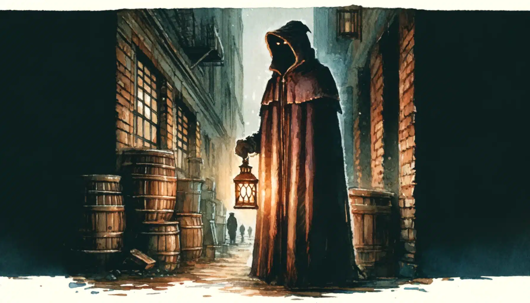 A mysterious cloaked figure stands in the shadows of a dimly lit alley, offering cryptic hints about a hidden treasure.