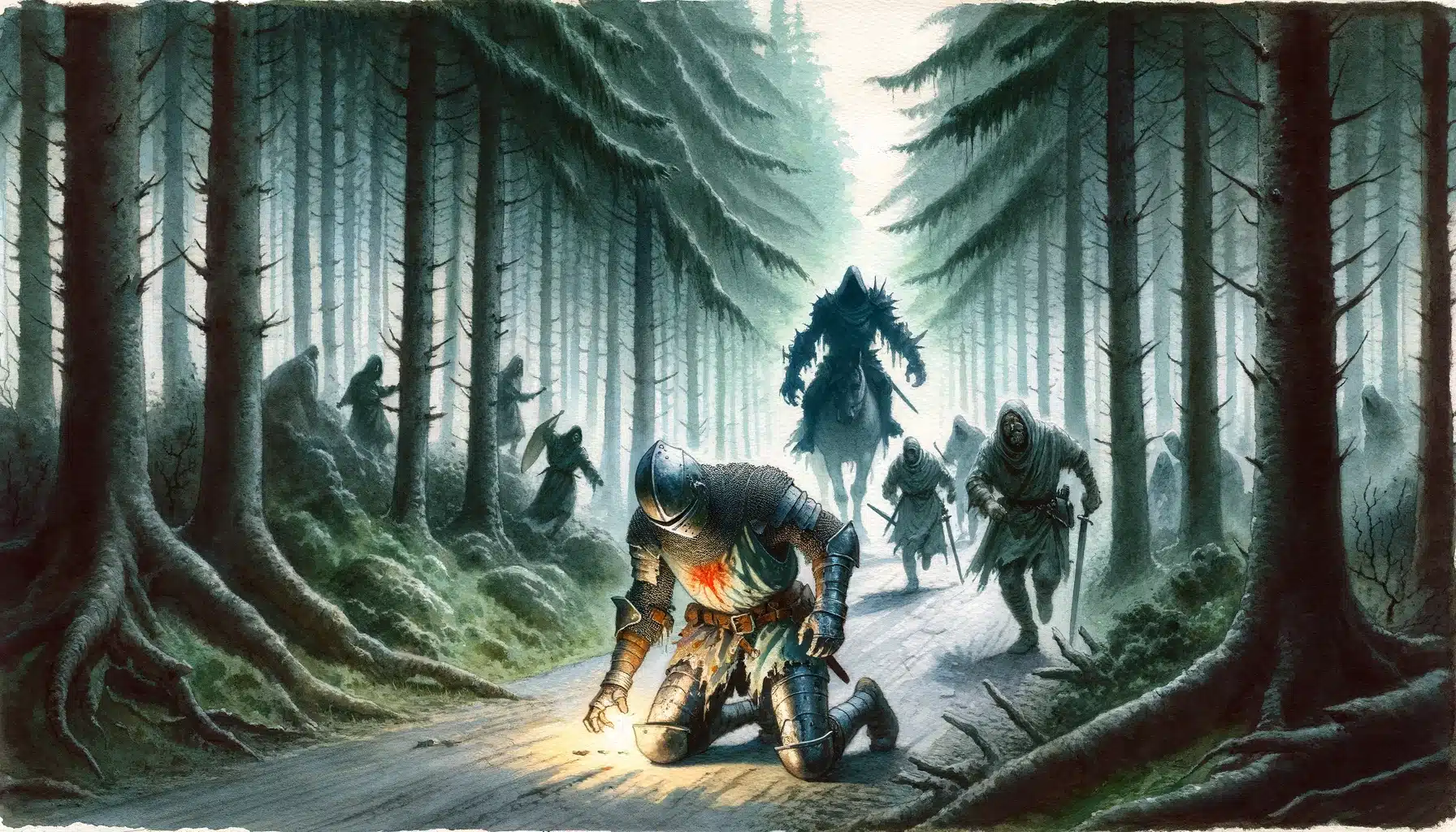 The party encounters a knight fleeing from unseen enemies, setting the stage for a quest involving a cursed artifact.