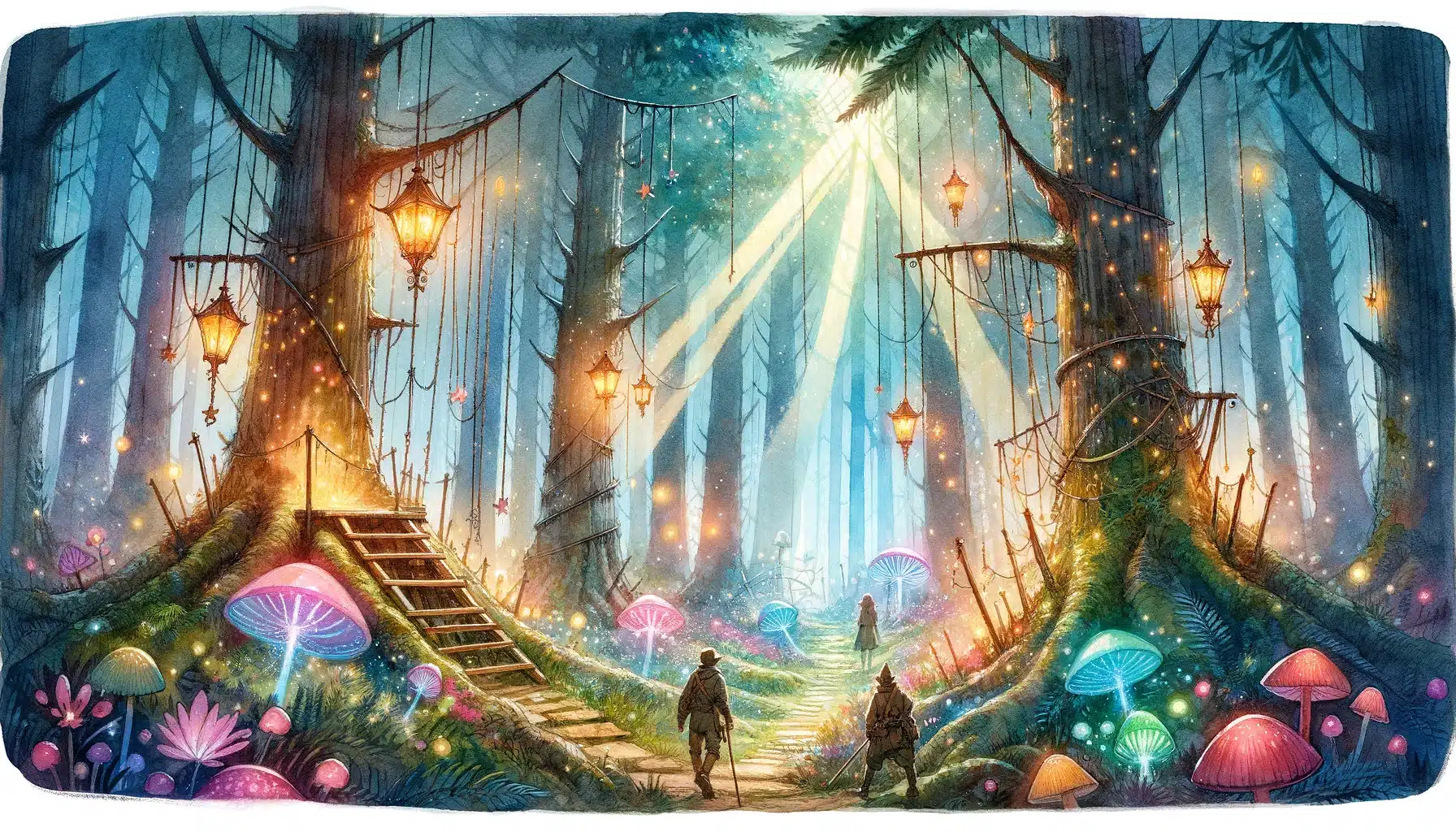 An enchanted grove with magical light filtering through the trees, a group of adventurers facing whimsical traps set by fey creatures.