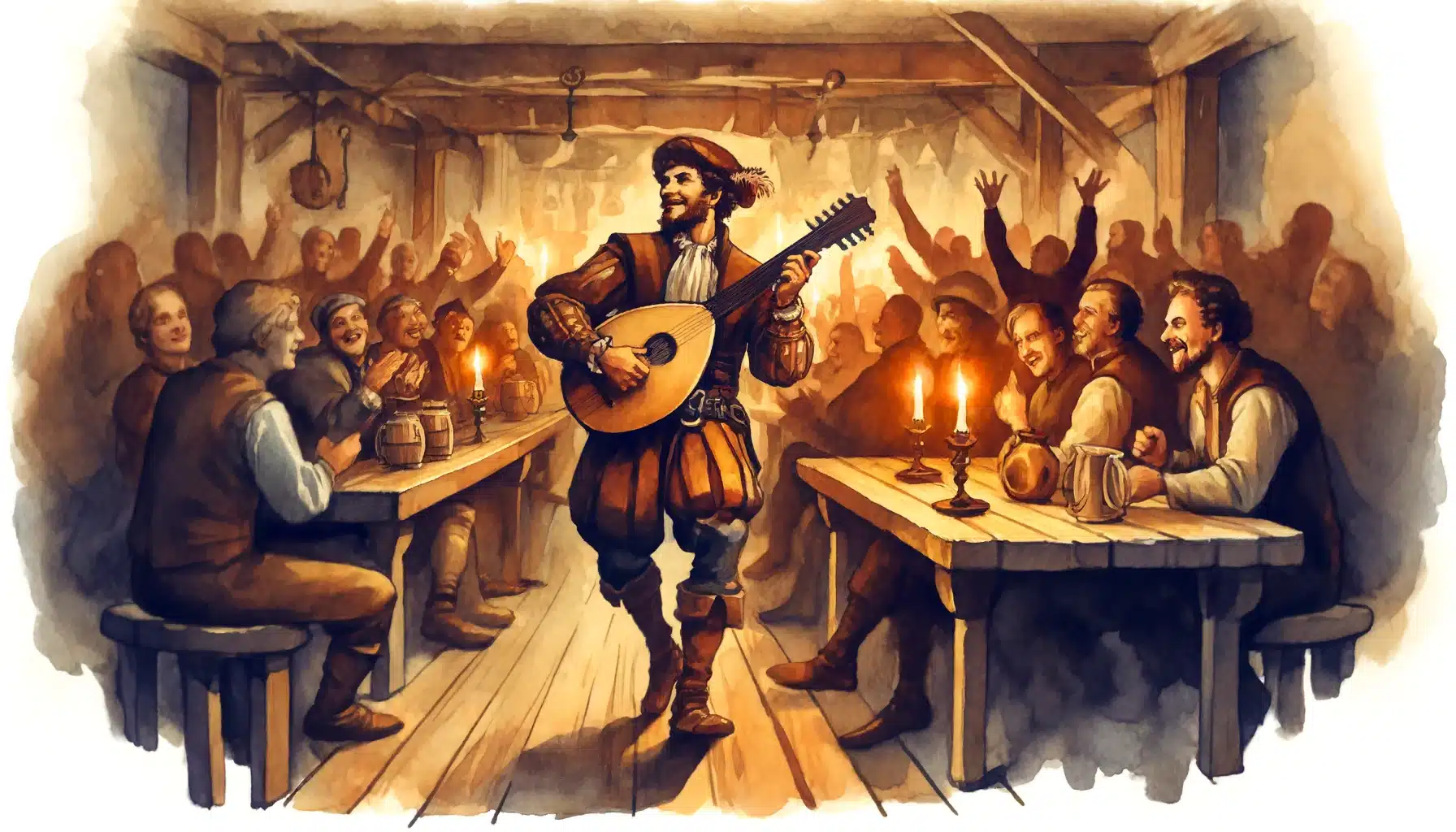 A lively bard playing music in a tavern filled with cheering patrons.