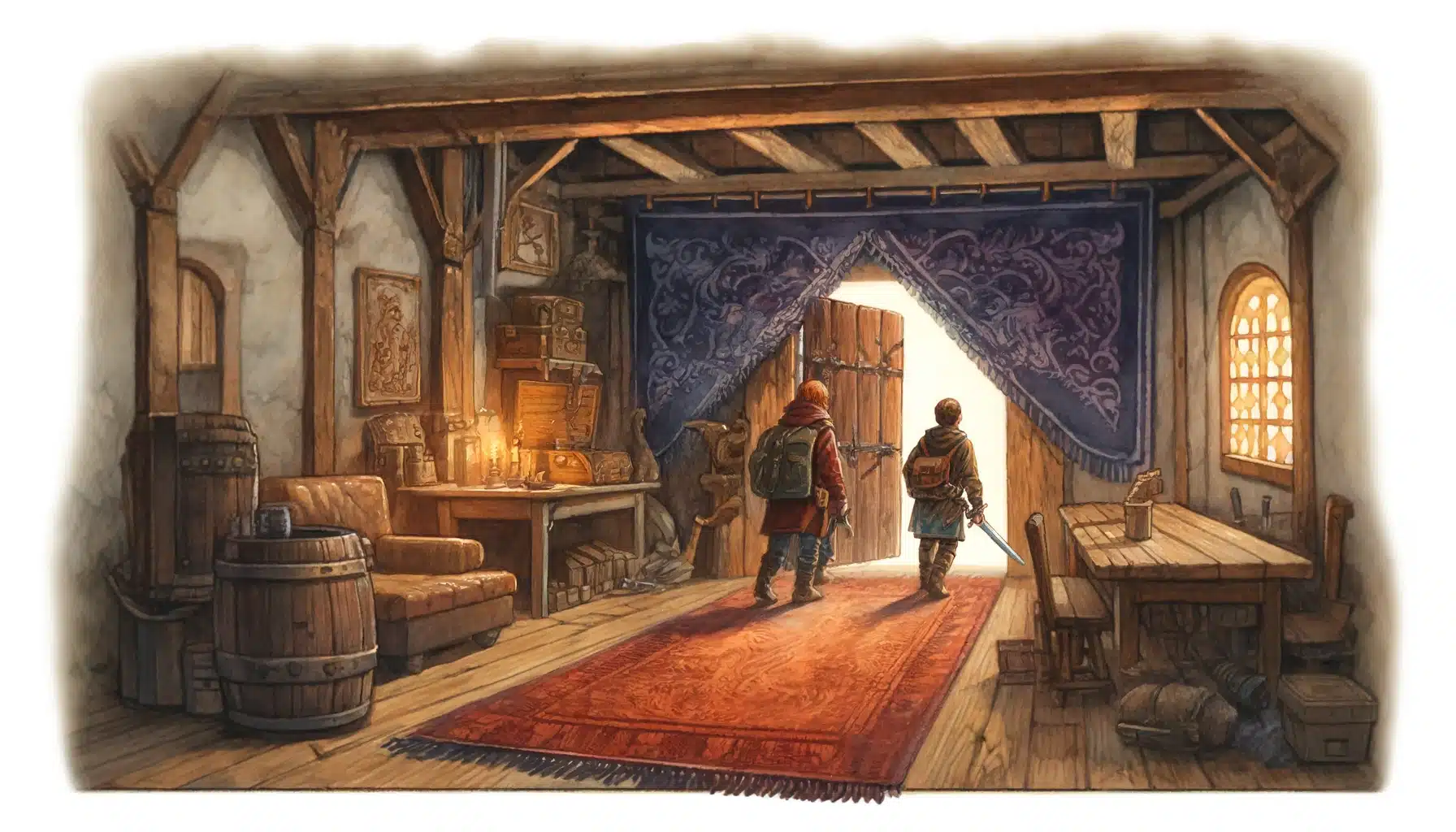 Adventurers finding a hidden door behind a tapestry in a tavern.