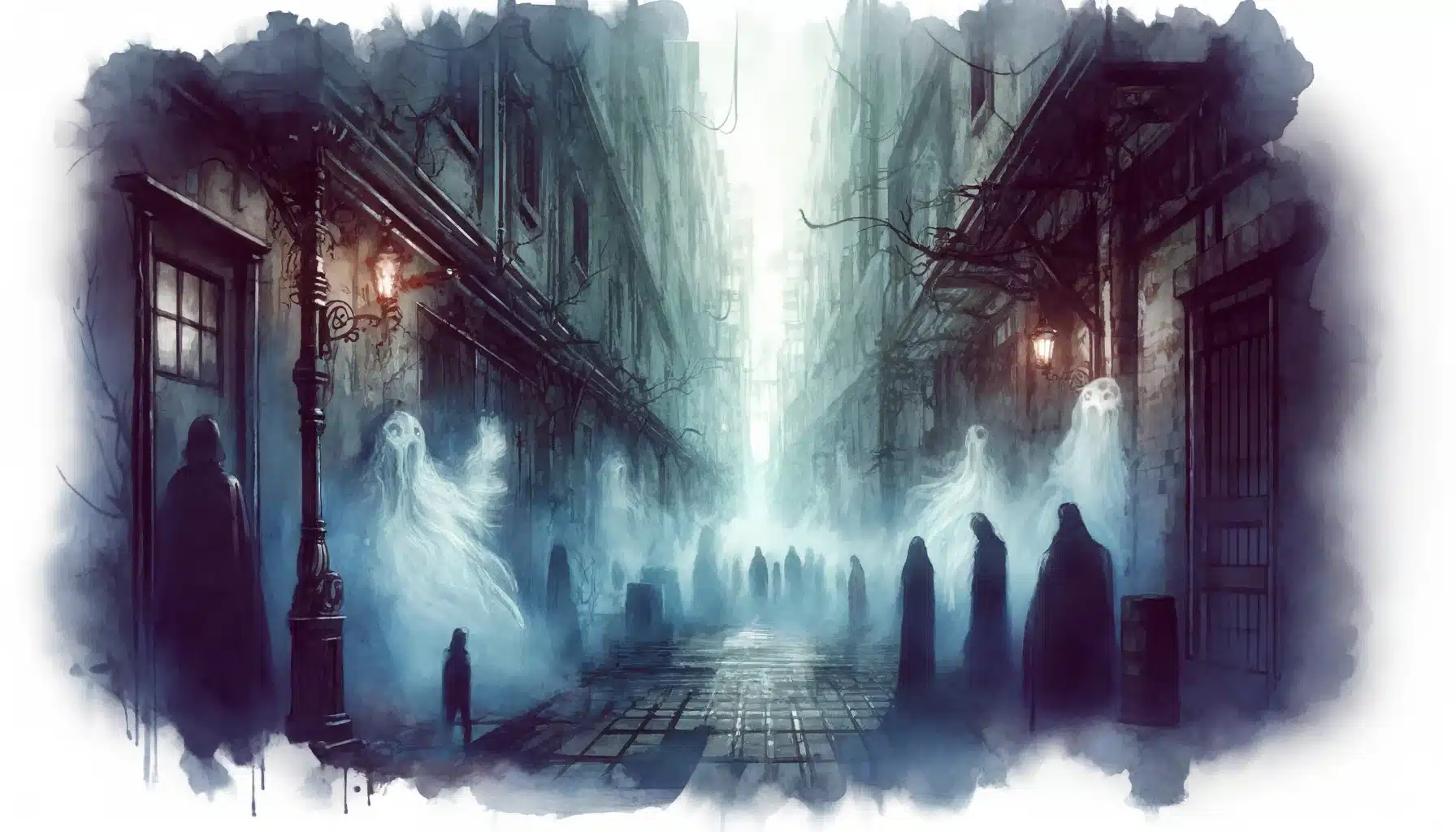 An eerie alleyway in the city, rumored to be haunted, with strange noises and ghostly apparitions.