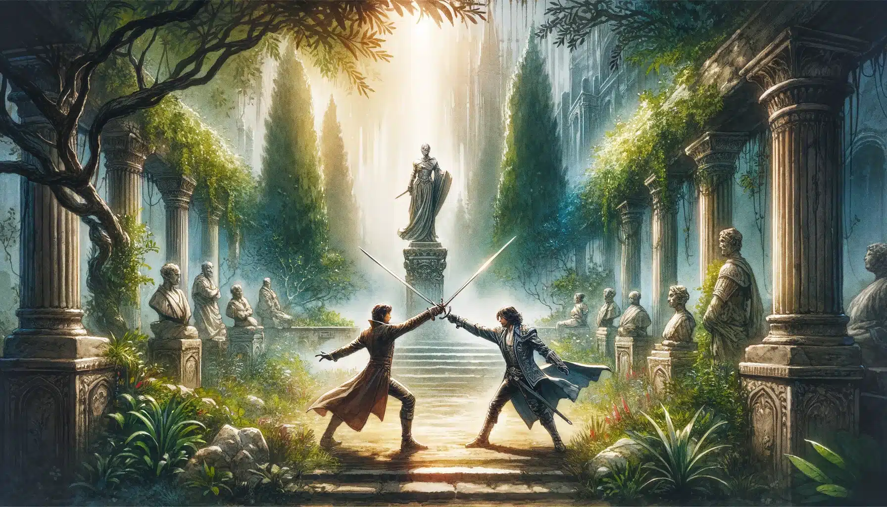 Two noble heirs engaged in a secret duel in a secluded garden, surrounded by lush greenery and ancient statues.