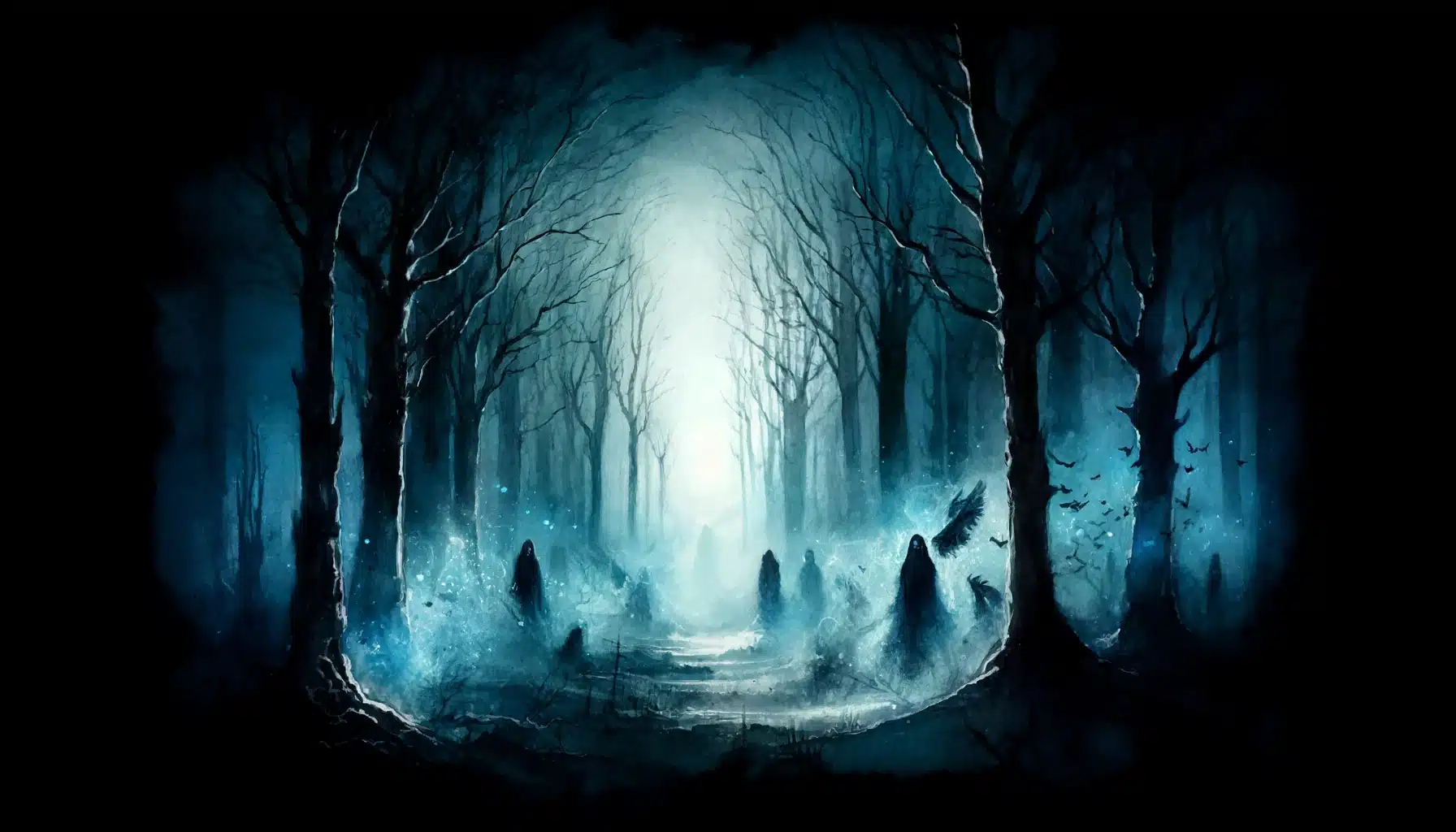 Ethereal figures illuminated by ghostly blue light in a dark, haunted forest glade.