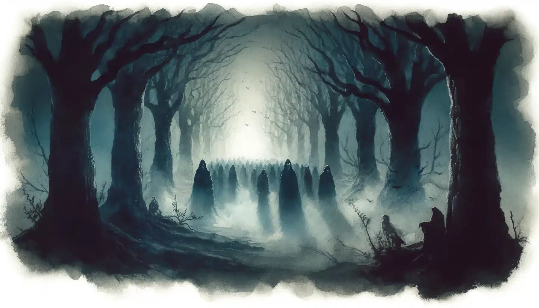 A silent procession of ghostly figures moving through the Whispering Grove in the haunted forest.