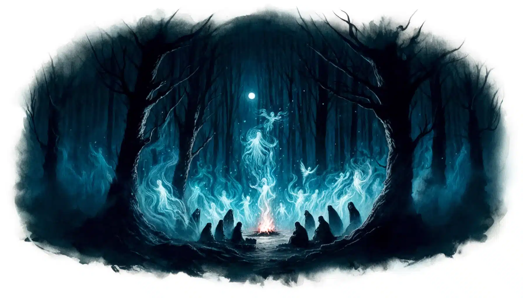 A ghostly campfire with blue flames surrounded by spectral figures in the dark Phantom Thicket of the haunted forest.