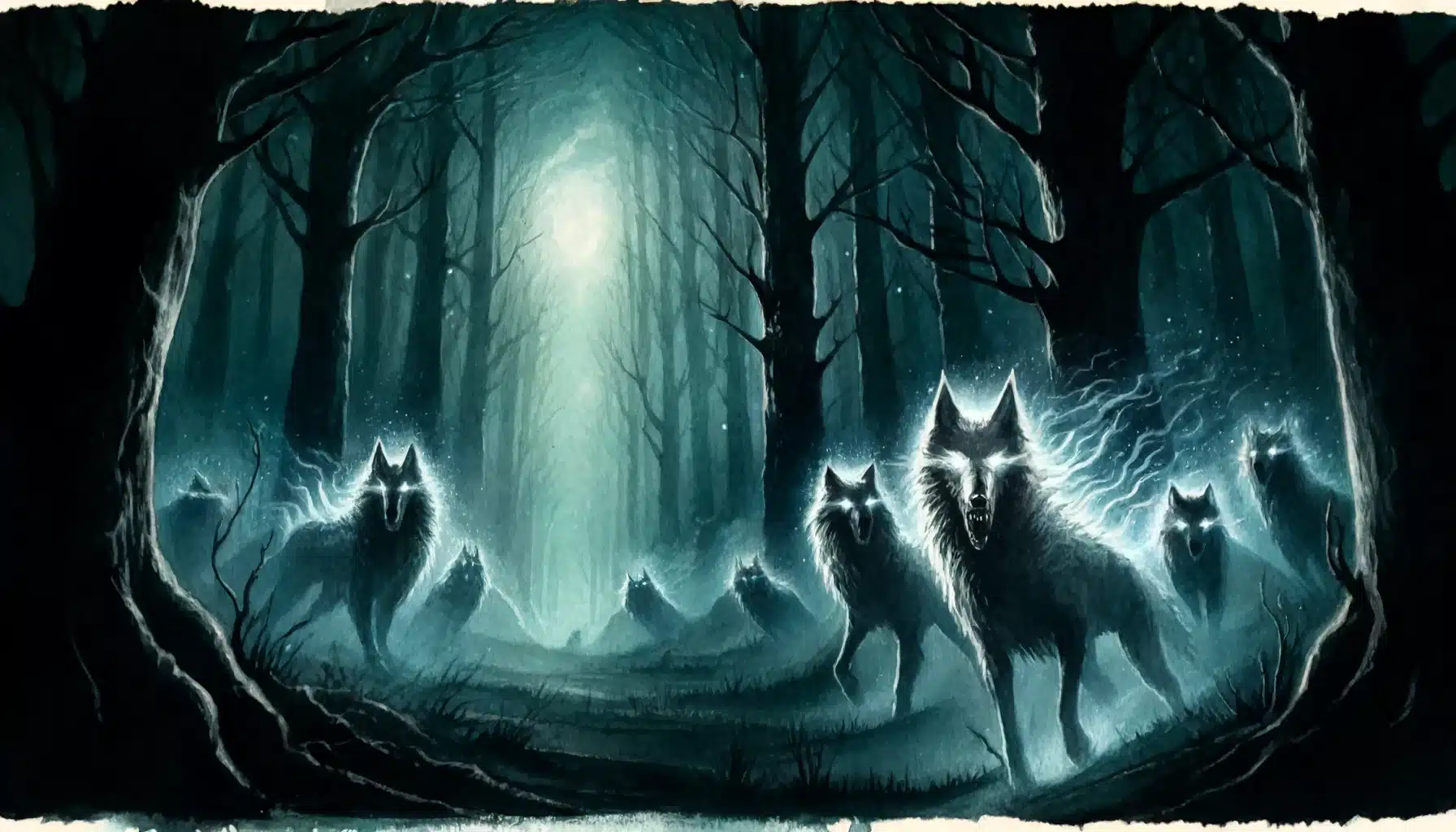 A pack of ghostly wolves with glowing eyes moving through the dark Wraithwood of the haunted forest.