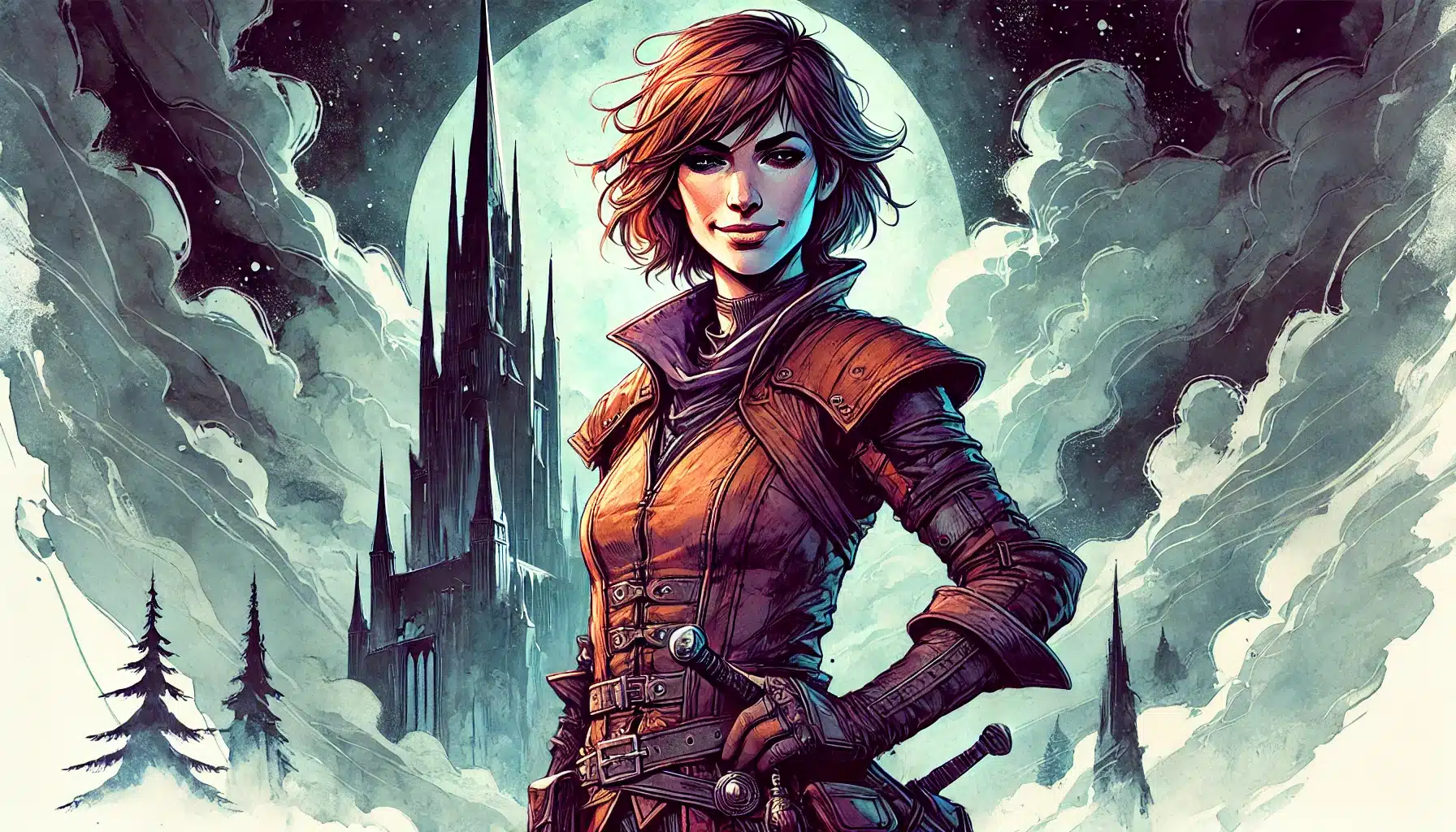 Illustration of a confident woman in a leather jacket standing in front of a mysterious, gothic castle with a full moon and swirling clouds. Channeling her inner Dungeons & Dragons hero, she has short hair and carries a sword on her back, exuding an aura of fantasy and intrigue.