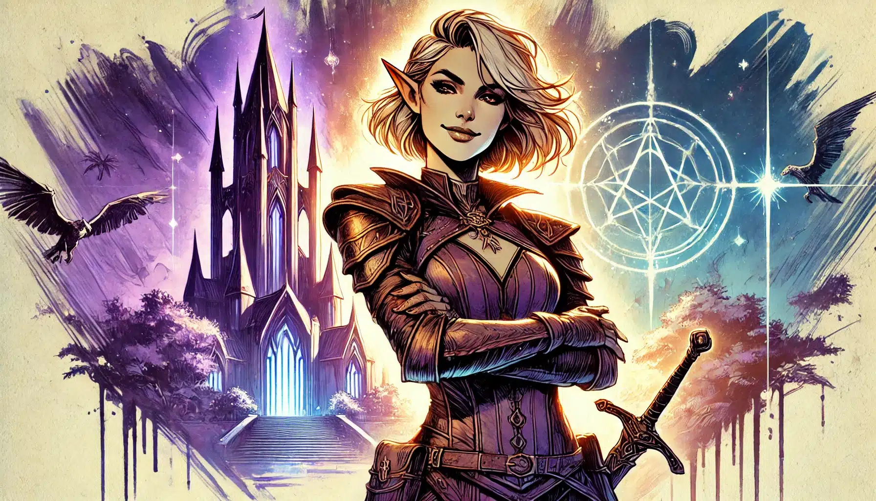 A confident elf warrior with short blond hair stands with arms crossed, embodying the essence of a Pathfinder RPG hero. She dons medieval armor, her sword at the ready. A magical castle and arcane symbols adorn the colorful, starry sky as two crows soar through this tabletop RPG realm.