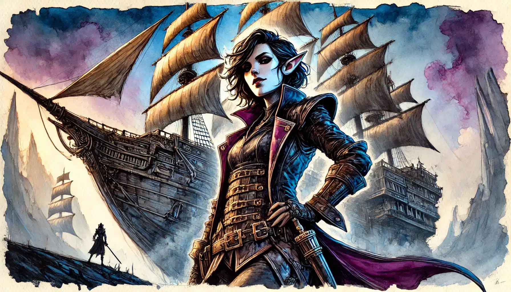 A vibrant fantasy scene unfolds with a confident woman in a purple-trimmed coat before two large sailing ships. The dramatic sky hints at adventure, reminiscent of epic tales from DND campaigns, while another figure stands on a rock, evoking the spirit of tabletop RPG quests.
