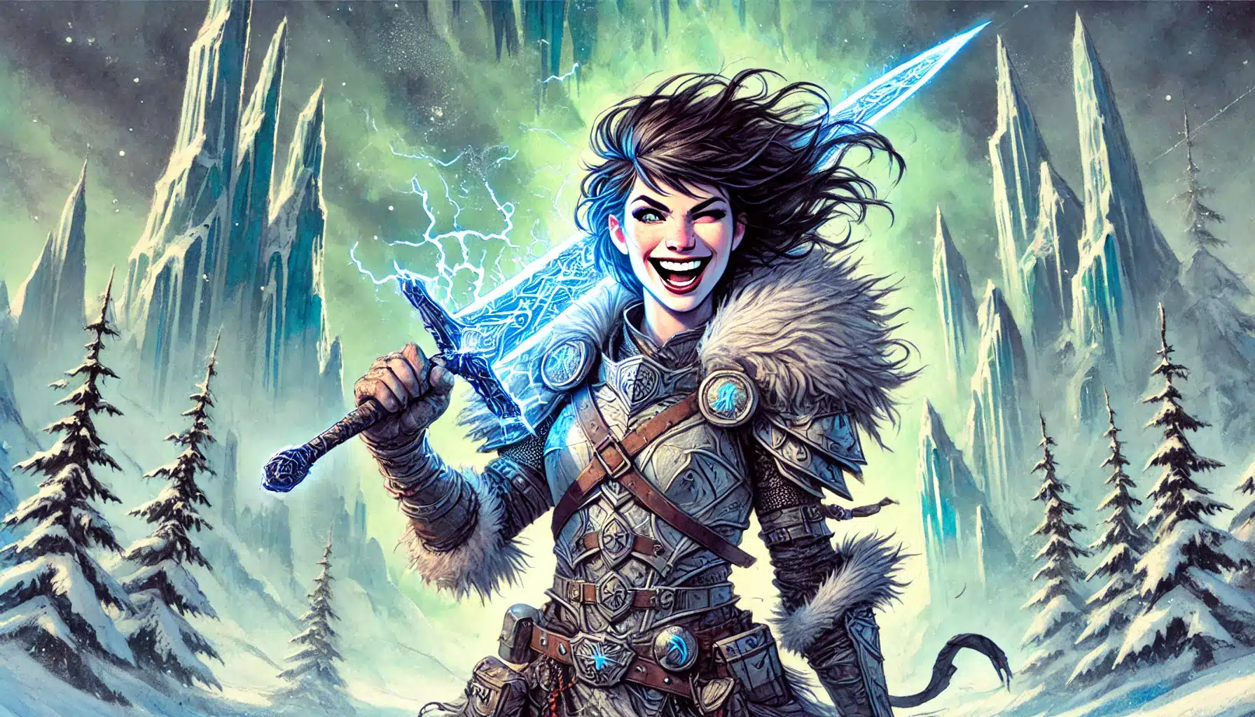 A warrior in fur armor brandishes a glowing, electrified sword, smiling confidently. Snowy peaks and a vibrant aurora create a fantastical backdrop reminiscent of a Pathfinder RPG adventure, with pine trees lining the landscape. The scene exudes a sense of power and epic exploration.