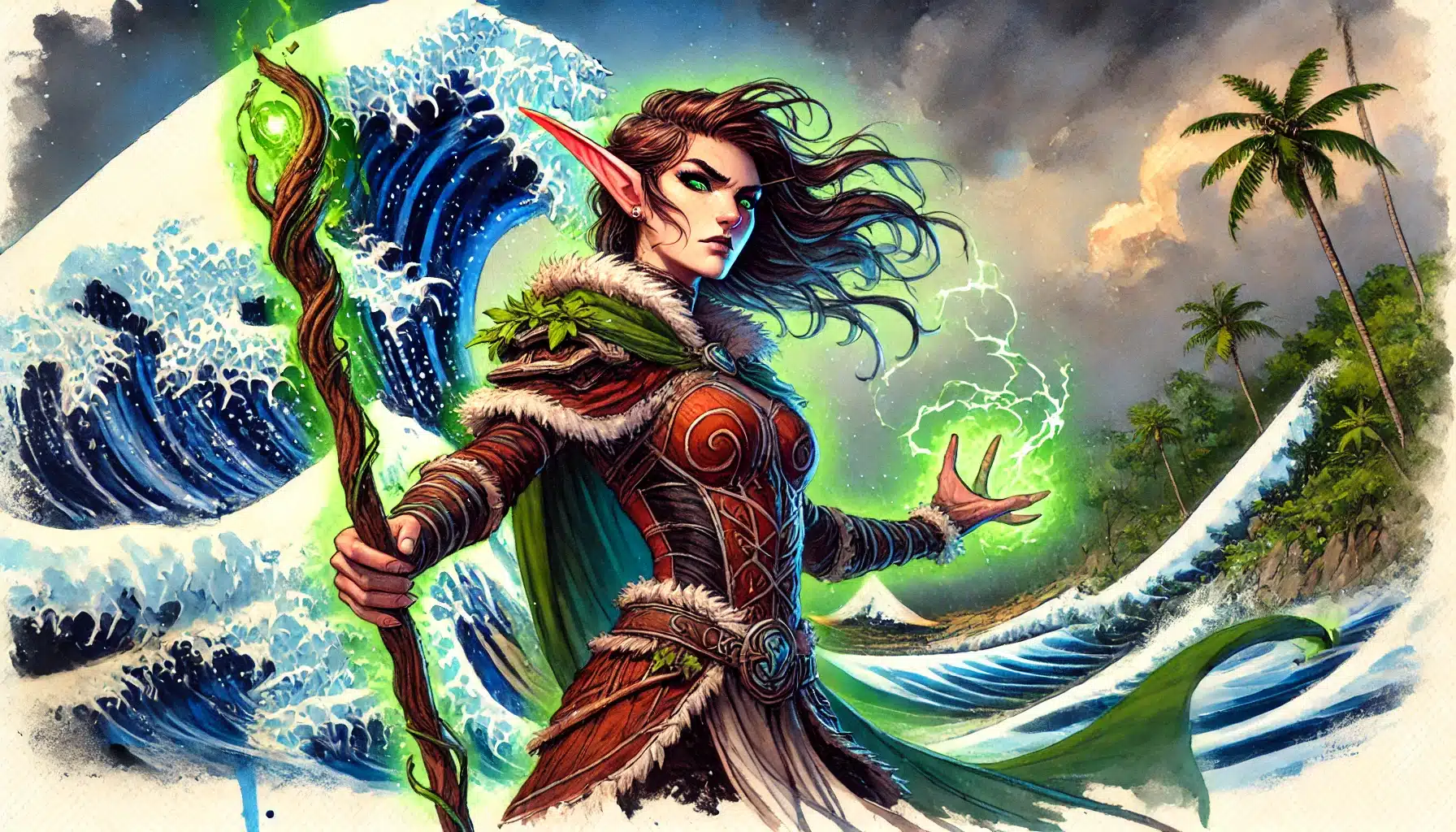In this fantasy illustration, an elf with pointed ears wields a glowing green staff and magic orb, embodying the spirit of tabletop RPG adventures. She stands confidently against a backdrop of towering ocean waves and palm trees under a stormy sky.