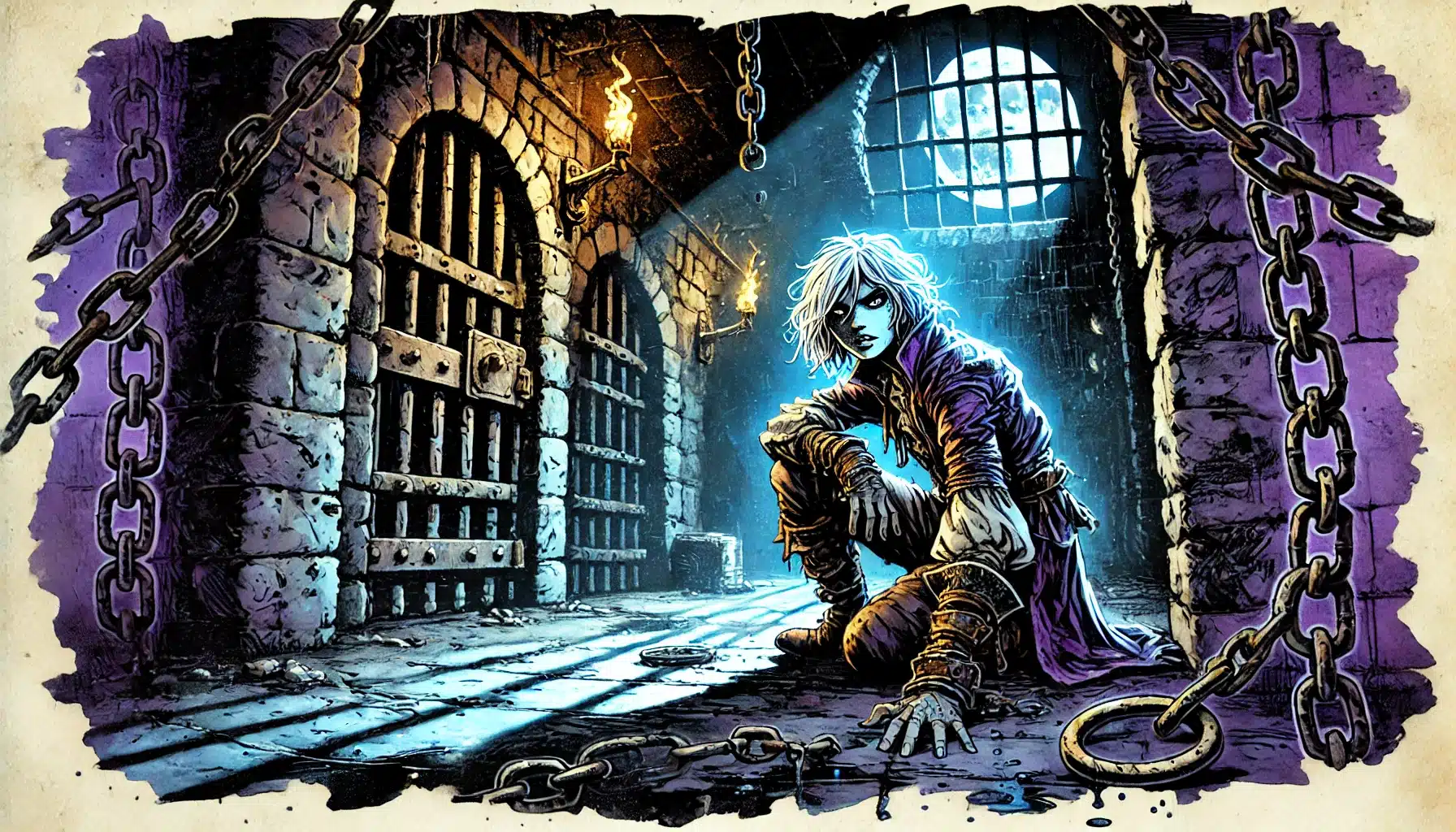 A white-haired character kneels in a dimly lit dungeon, chains scattered on the floor. Moonlight streams through a barred window, casting shadows fit for a tabletop RPG. The setting is eerie, with heavy stone walls and metal doors reminiscent of an intense DND campaign.