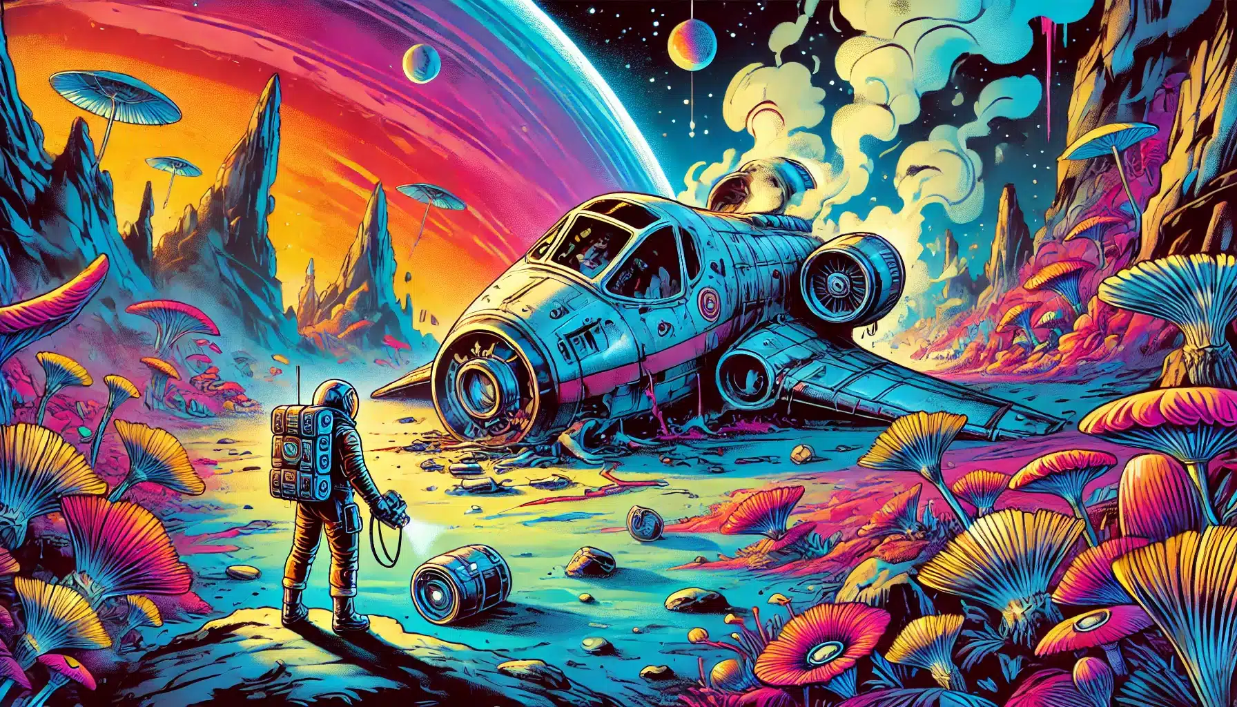 A vibrant sci-fi scene unfolds like a Dungeons & Dragons adventure, with an astronaut standing before a crashed spaceship on an alien landscape. Colorful plants and mushrooms surround the area, while multiple planets hover in the sky above jagged mountain peaks.