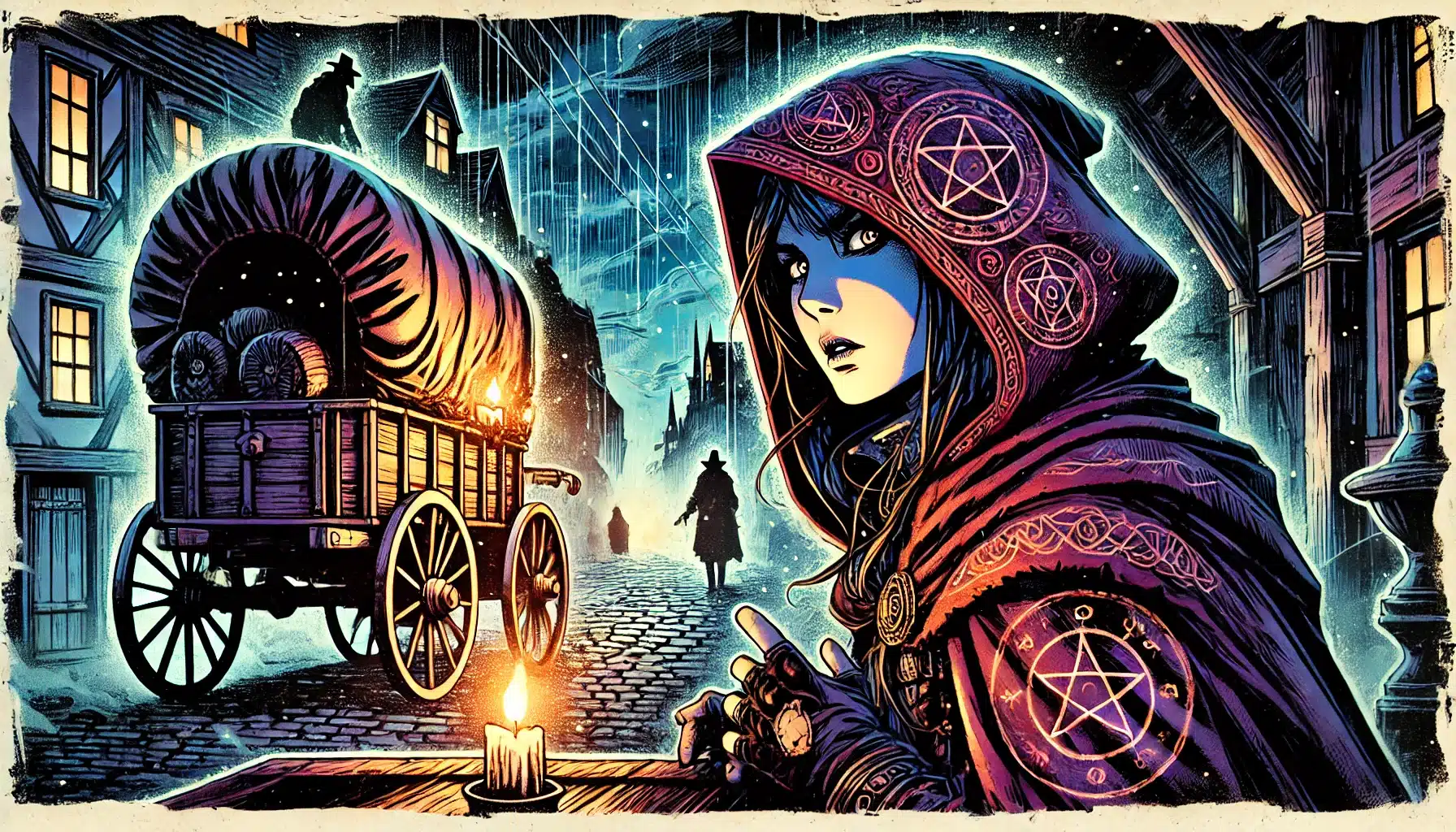 A cloaked figure with glowing blue eyes sits at a candlelit table in a medieval street, reminiscent of a DND or Pathfinder RPG scene. The cloak, adorned with pentagrams, complements the mystery added by a covered wagon and shadowy figure beneath the stormy sky.