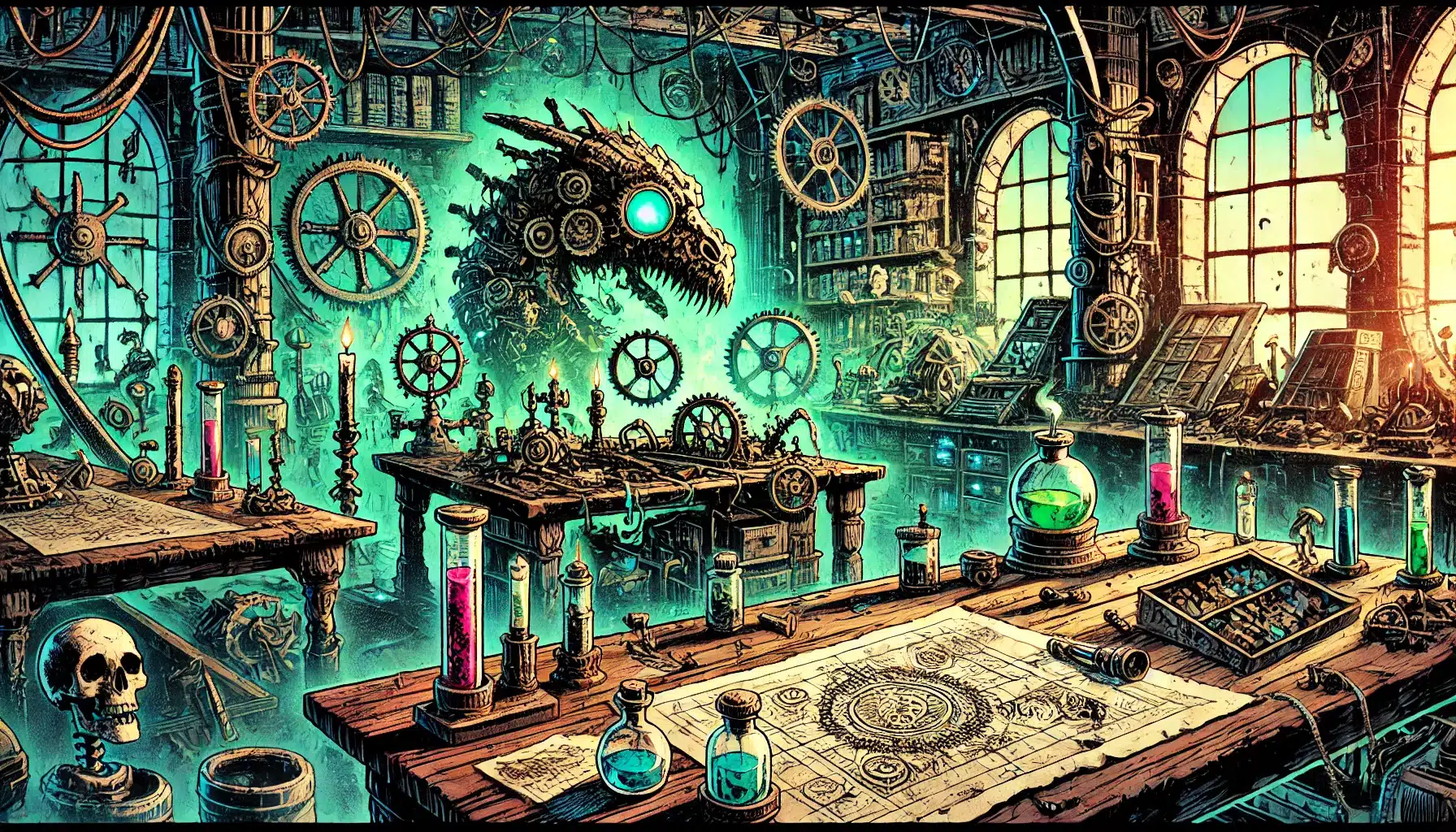 A steampunk laboratory with gears, bottles, and a dragon-like robot exudes a Dungeons & Dragons fantasy vibe. Large windows, clocks, and scientific equipment fill the room. A glowing skull and colorful beakers add mystique, while blueprints and intricate machinery decorate the tables.