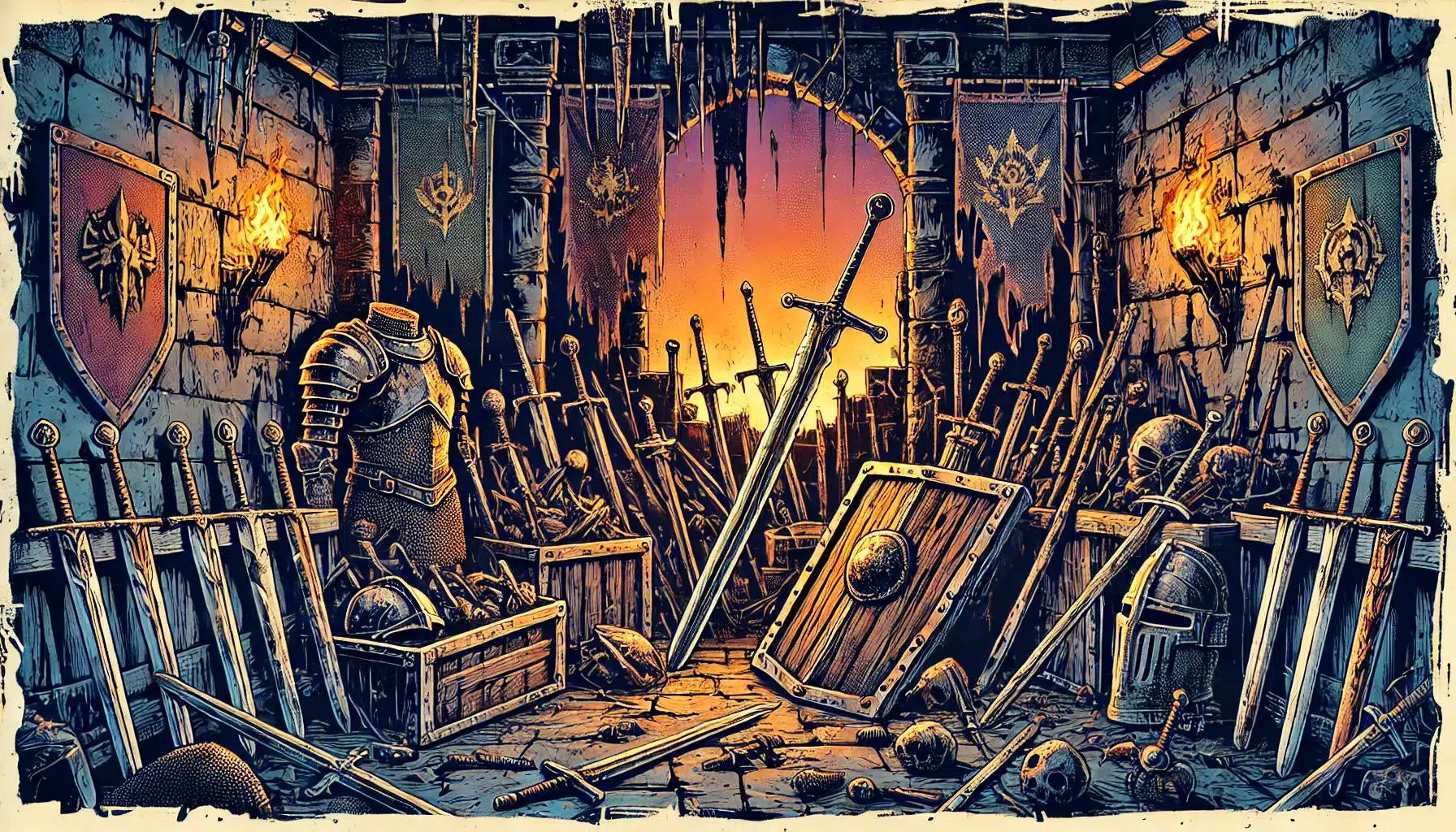 A medieval armory brimming with swords, shields, and armor feels like stepping into a fantasy realm. A large sword stands upright on the stone floor amidst the clutter. A warm sunset glows through a large arched opening, illuminating banners and stone walls—perfect for any tabletop RPG setting.
