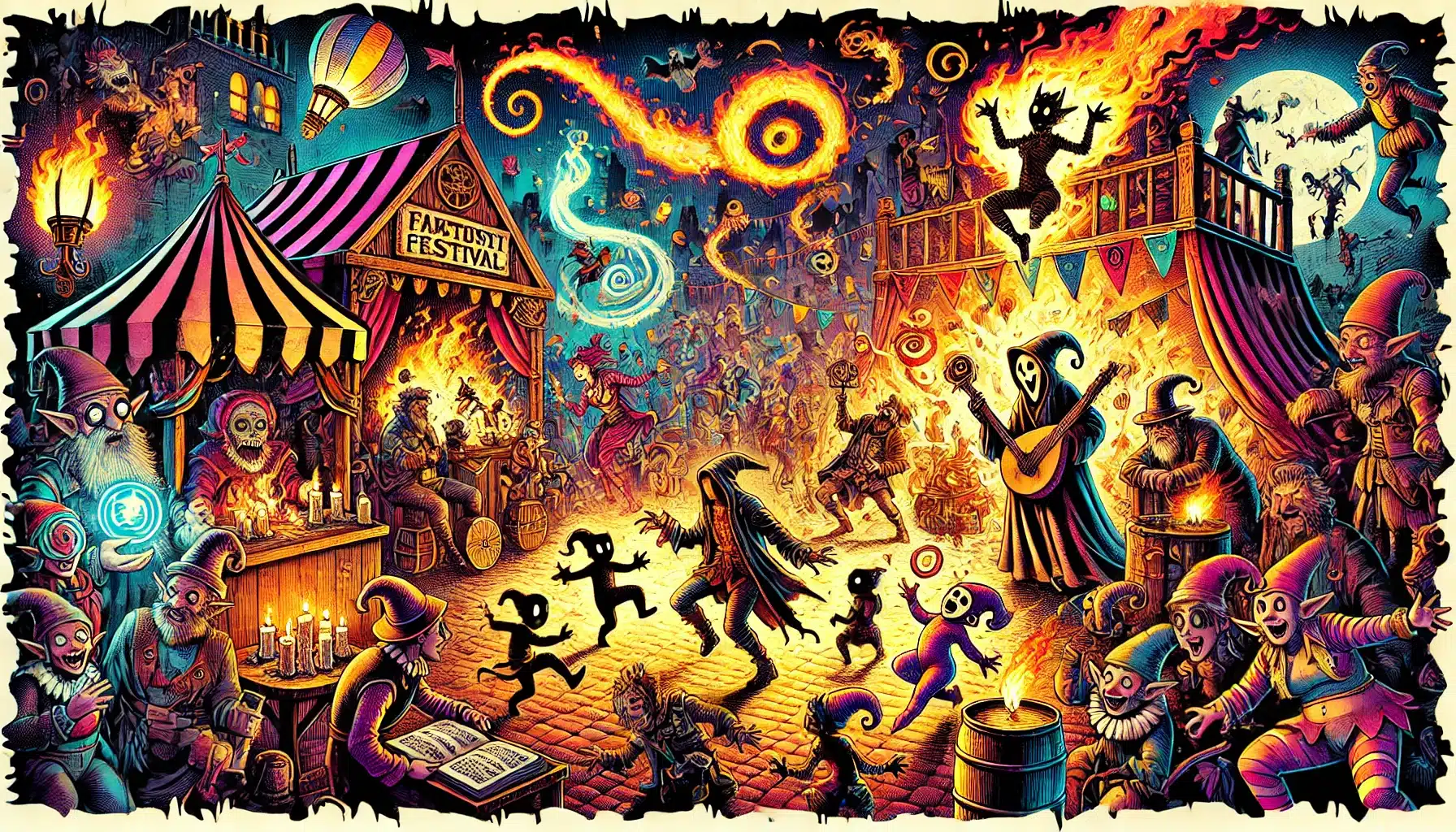 A lively festival scene with costumed figures dancing and playing instruments under colorful lights. A banner reading Fardust Festival hangs above a striped tent. Fire performers and jesters entertain the crowd, reminiscent of a bards tale in a Pathfinder RPG, as vibrant colors illuminate the night.