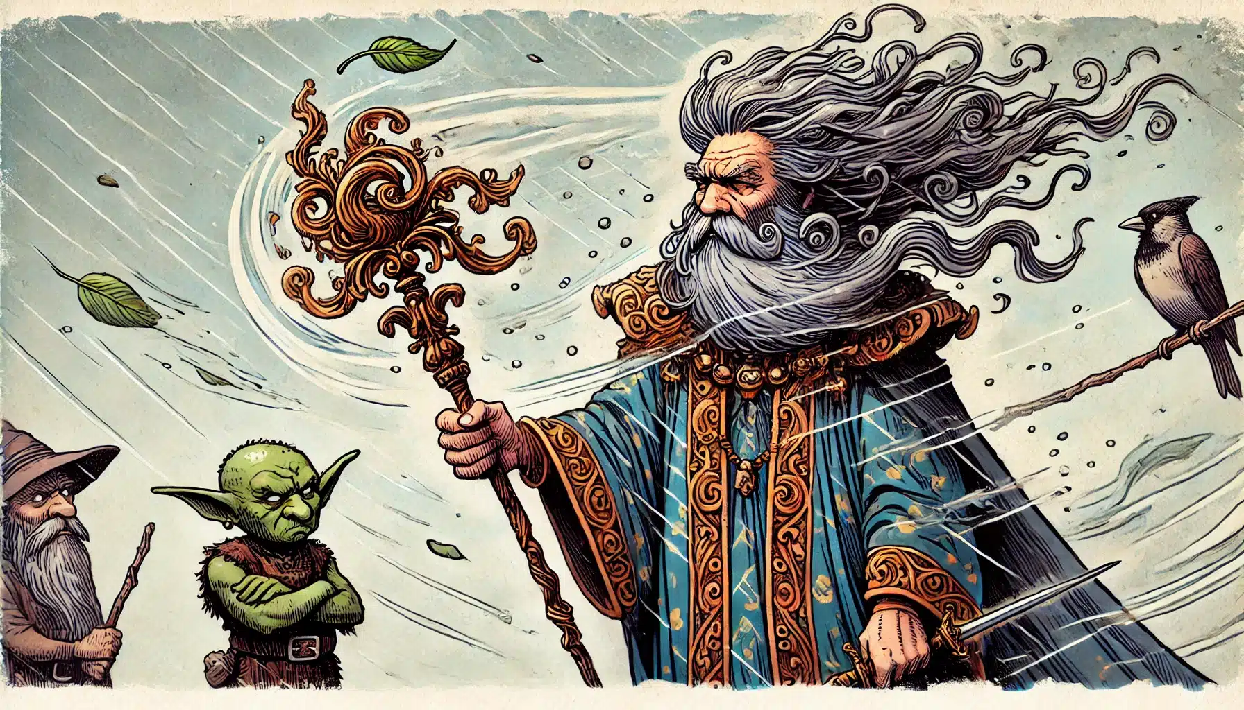 A grand wizard with swirling hair and robe wields a decorative staff, conjuring a stormy wind reminiscent of a fantasy epic. A small green goblin and a bearded gnome stand nearby, evoking scenes from Dungeons & Dragons, while a bird perches on the staff amid drifting leaves.
