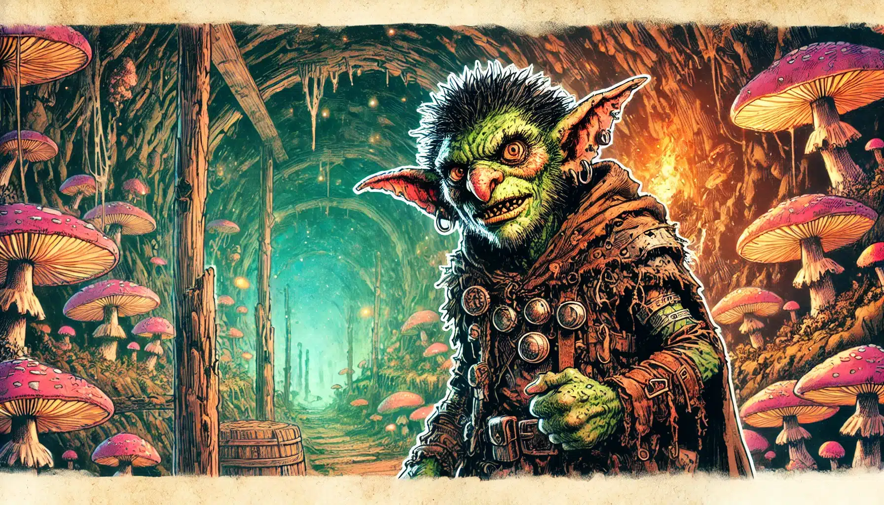 A fantasy goblin with green skin and red eyes stands in a dimly lit cave, reminiscent of a Dungeons & Dragons setting. Adorned with mushrooms, the cave glows warmly from a fire. The goblin wears tattered clothing, proudly displaying various badges earned in adventures.