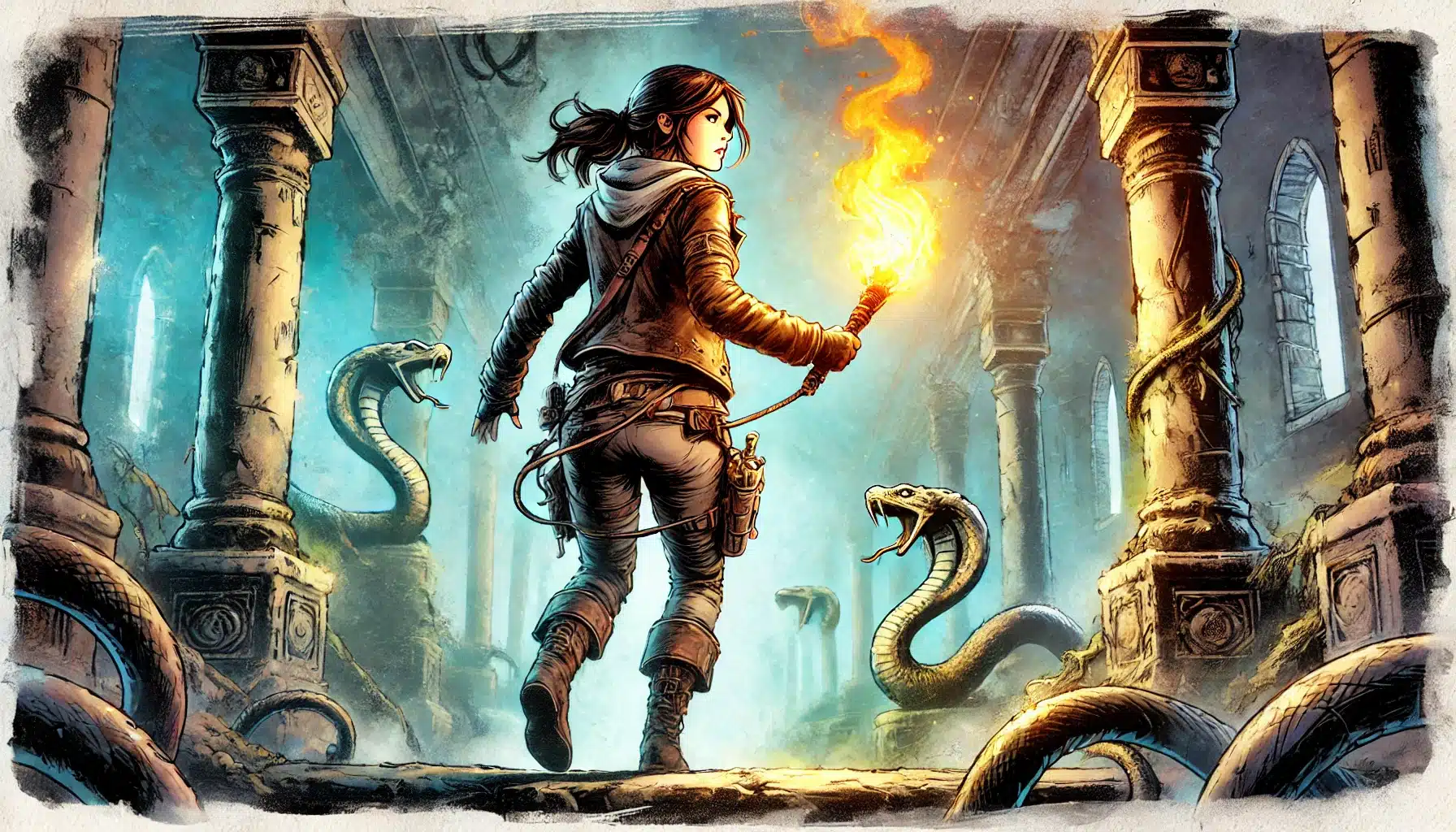 A woman holding a torch stands in an ancient, dimly lit temple reminiscent of a Dungeons & Dragons quest. Two large snakes emerge from the shadows, their bodies winding around stone columns. The scene is dramatic, with a sense of fantasy adventure and mystery in the air.