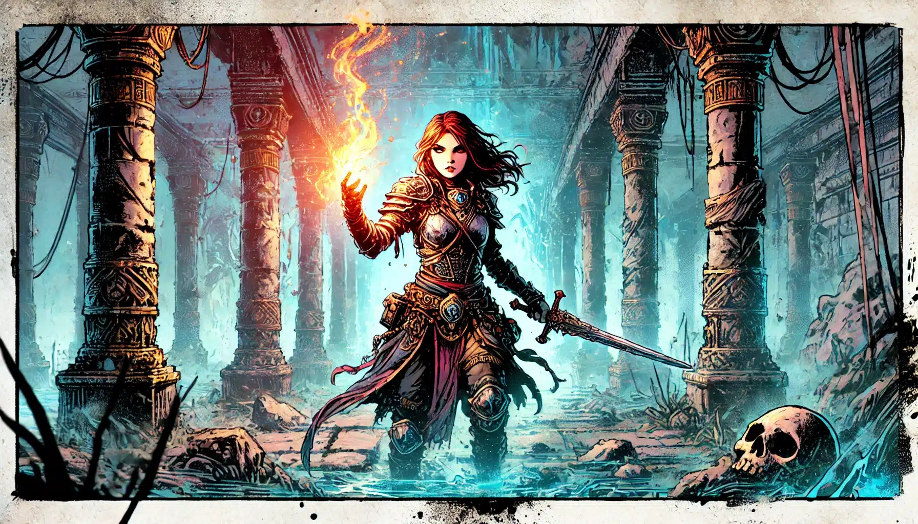 In an ancient, ruined temple, a female warrior with long hair stands poised for battle. She wears armor and holds a glowing, fiery orb in her right hand while gripping a sword in her left. Pillars and stone debris surround her—a scene straight from a captivating Pathfinder RPG adventure.