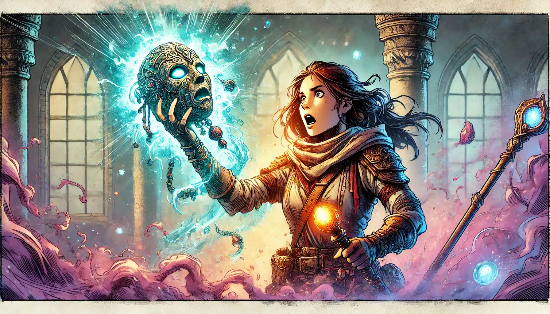 In a fantasy illustration fit for a tabletop RPG, a woman in armor holds aloft a glowing blue magical mask. Set in a medieval room with pillars and arched windows, magical energy swirls as she grasps an orb in her other hand, her expression mirroring the surprise typical of a Pathfinder RPG adventurer.