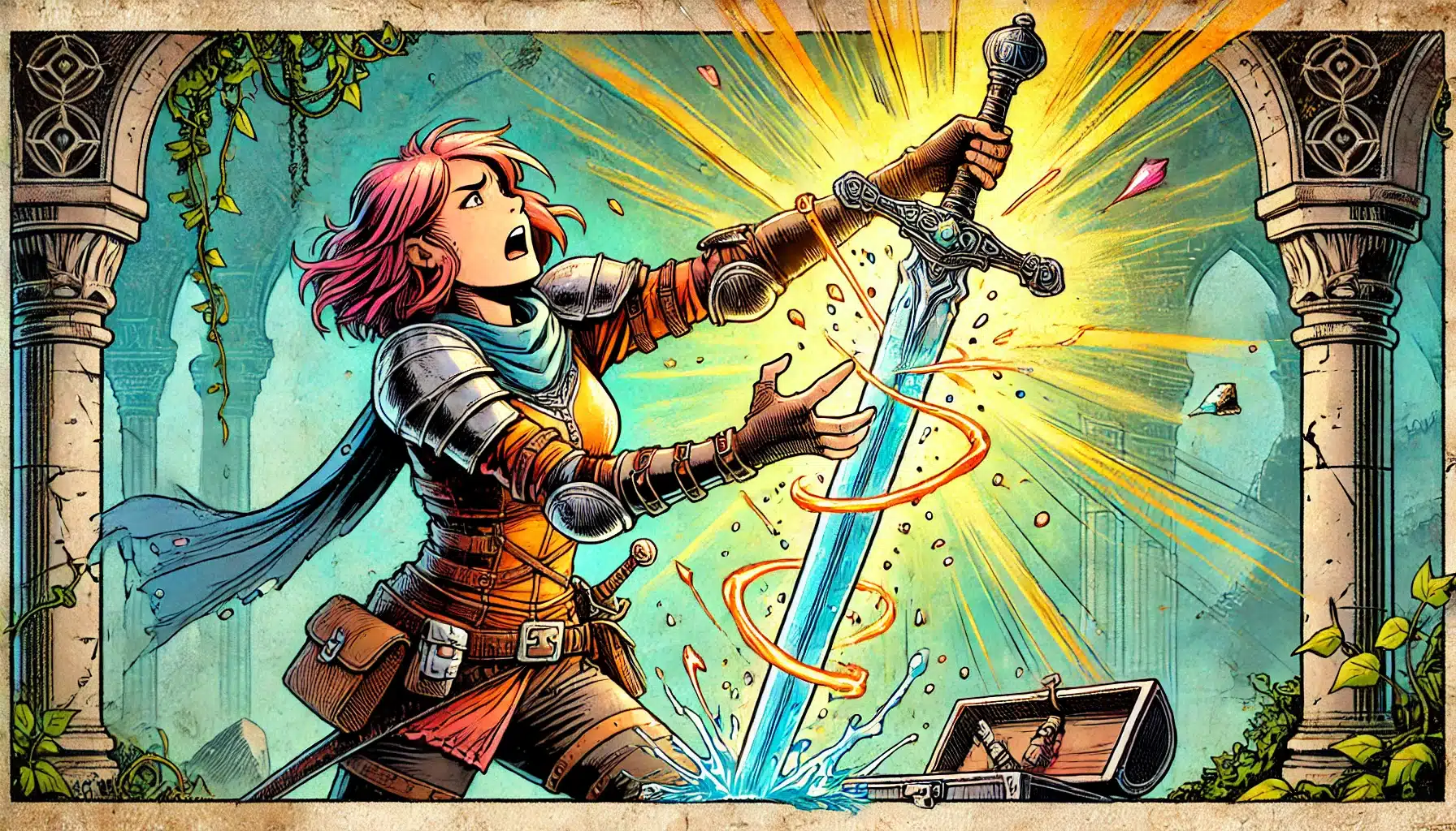 A pink-haired warrior in armor pulls a glowing sword from a stone amid bright, swirling energy, reminiscent of a tabletop RPG adventure. She looks surprised and determined. An ornate chest lies open nearby. Ancient arches and vines frame the vibrant scene.