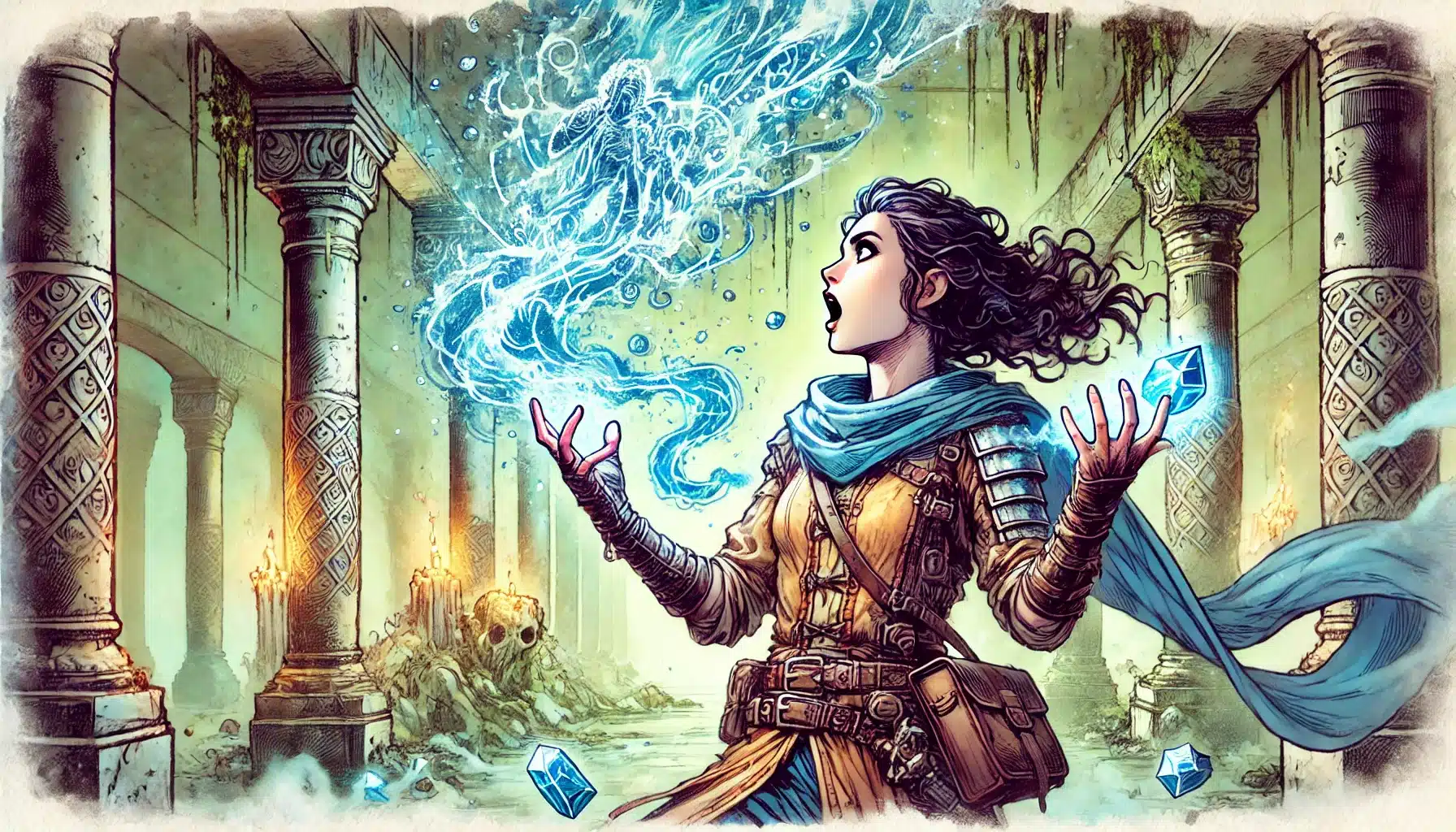 A woman with curly hair focuses on a swirling blue magical energy in her hands. She stands in a dimly lit, ancient stone structure decorated with columns and intricate carvings, as if drawn straight from a Dungeons & Dragons adventure. The setting exudes a mystical fantasy theme.