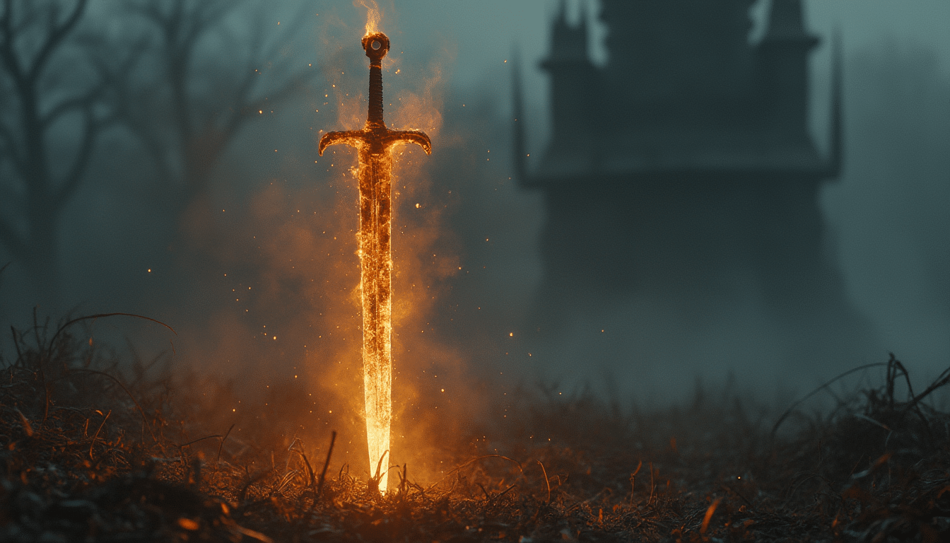 A glowing sword stands upright, engulfed in flames, amidst a misty, leafless forest. Like a scene from a Pathfinder RPG campaign or Dungeons & Dragons quest, a mysterious structure looms in the blurred background, adding to the eerie atmosphere.